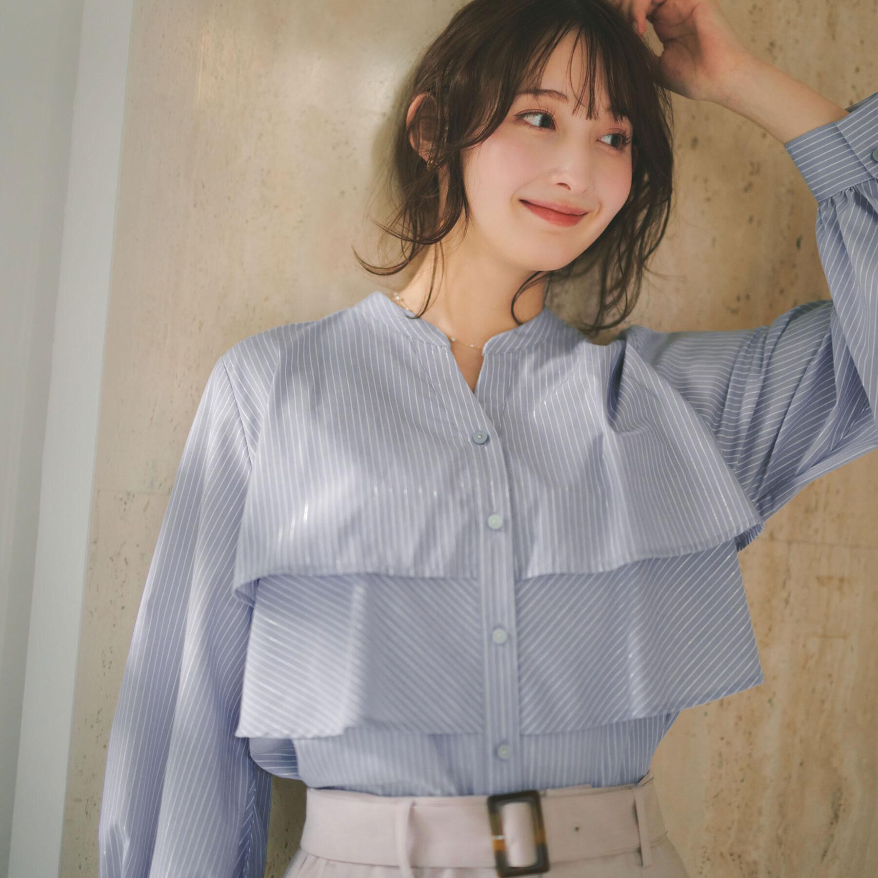 index「フリルキーネックシャツ【洗濯機OK/イージーアイロン/防シワ】《XS-LL/7col》」|シャツ・ブラウス|