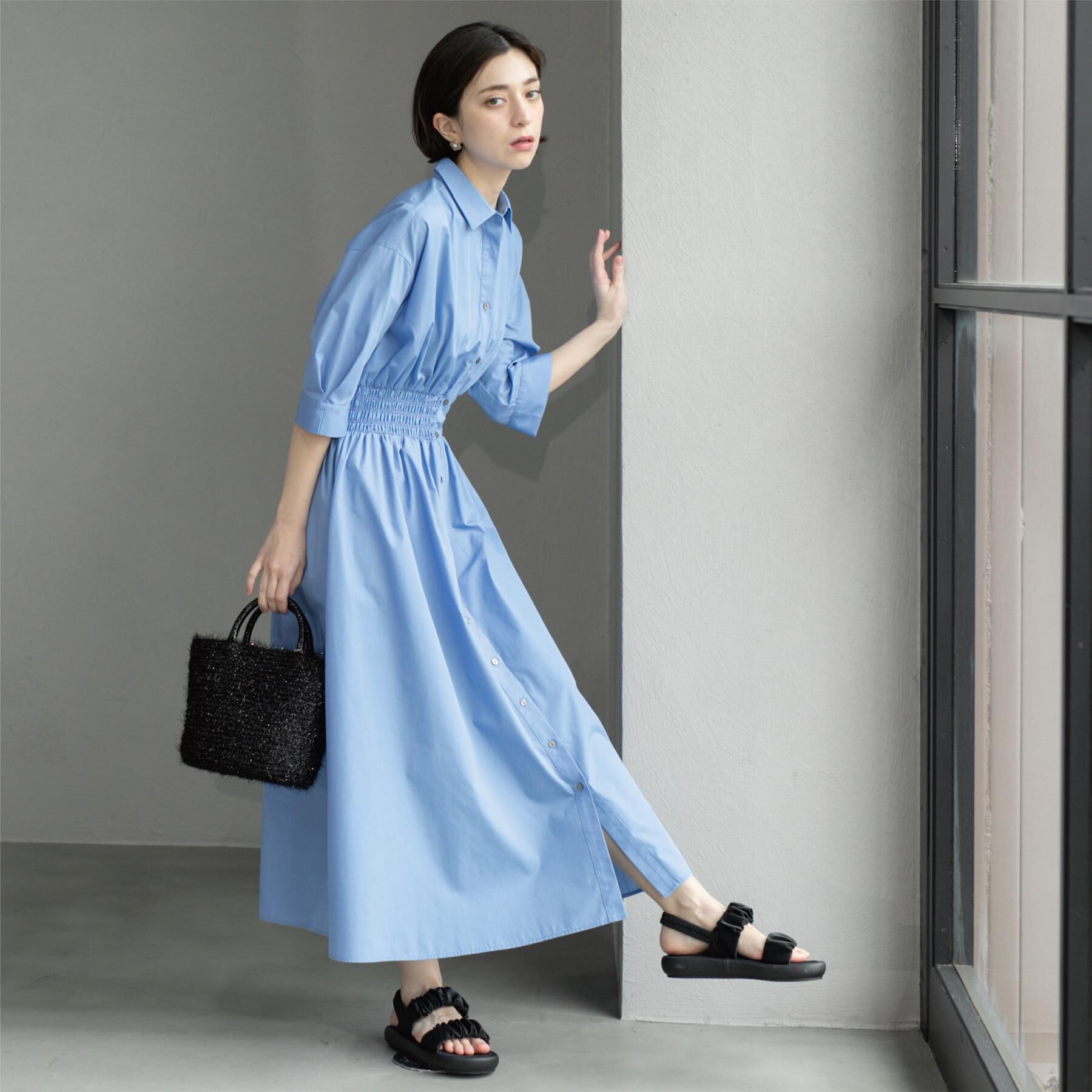 OPAQUE.CLIP「《5色展開》フィット＆フレアシャツワンピース【洗濯機洗い可】」|ワンピース|ブルー(092)