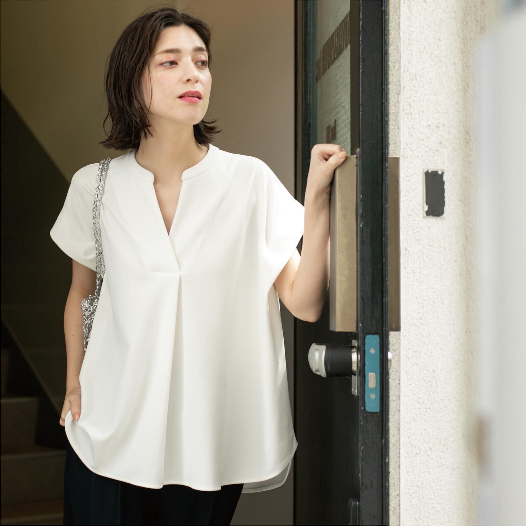 OPAQUE.CLIP「スキッパーフレンチスリーブトップス【UV/吸水速乾/洗濯機洗い可】」|Tシャツ・カットソー|