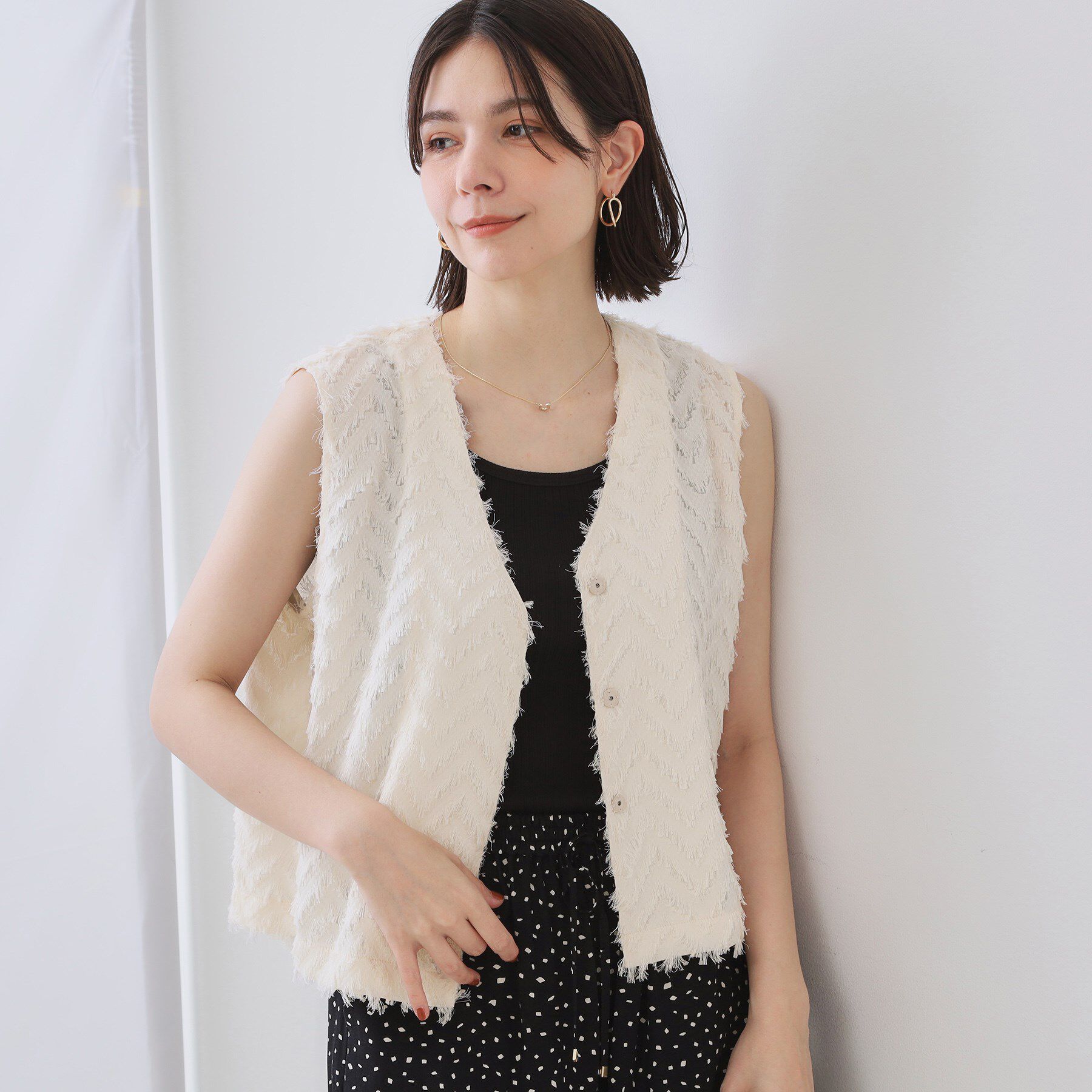OPAQUE.CLIP「フリンジジャカードベスト【洗濯機洗い可】」|ベスト・ジレ|アイボリー(004)