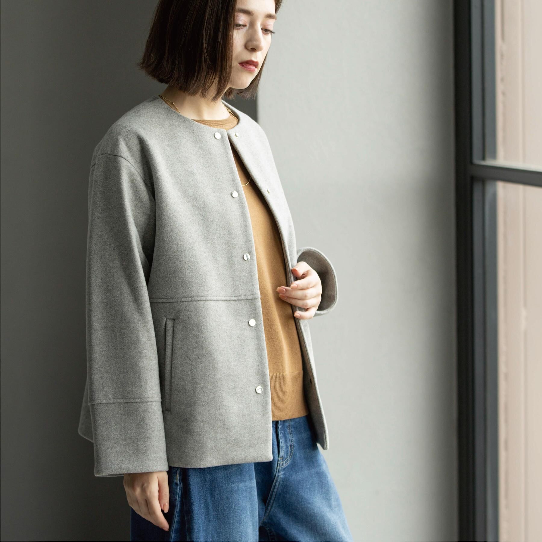 OPAQUE.CLIP「ウールライクメルトンノーカラーコート【洗濯機洗い可】」|ノーカラーコート|