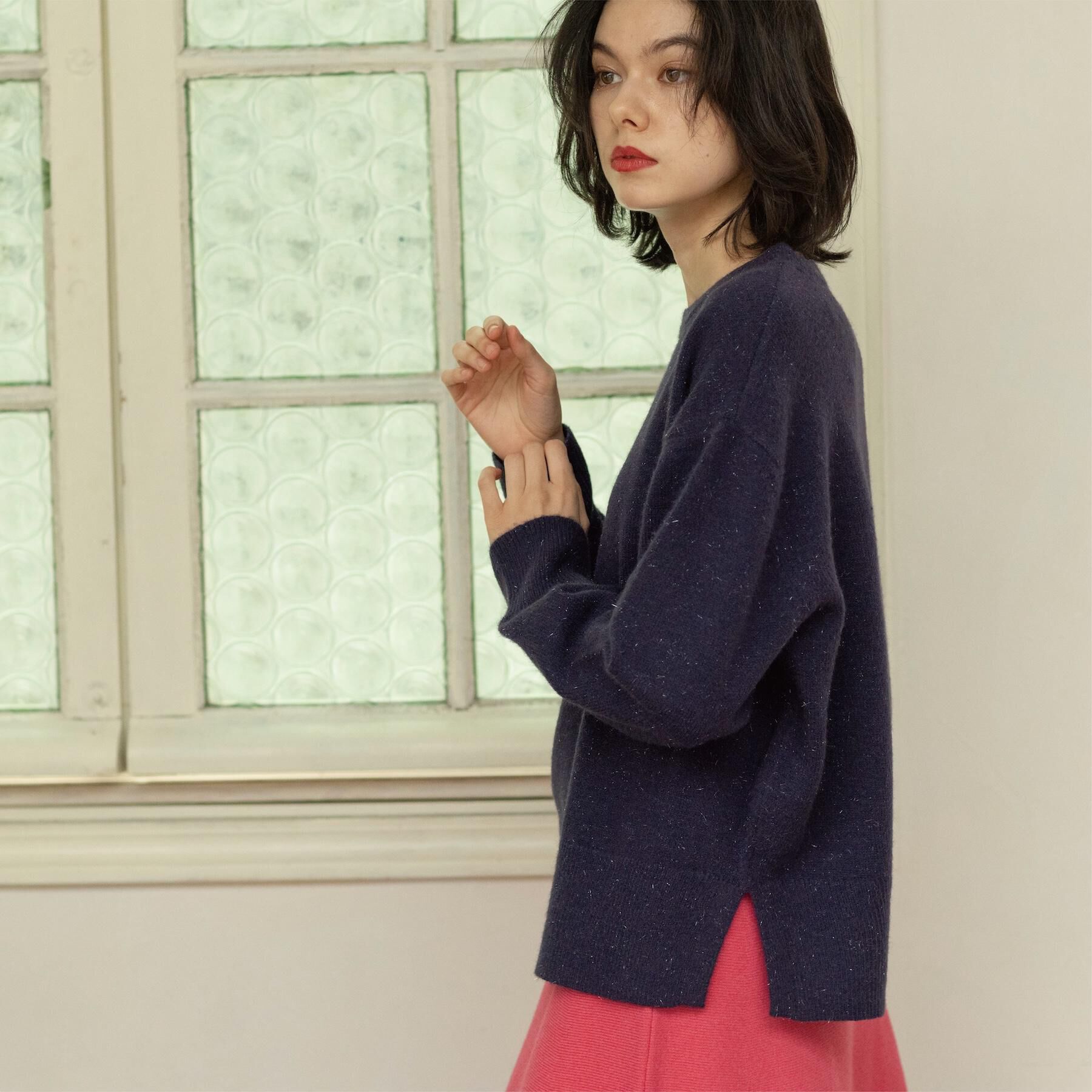 OPAQUE.CLIP「きらきらクルーミドルゲージニット【洗濯機OK】」|ニット・セーター|