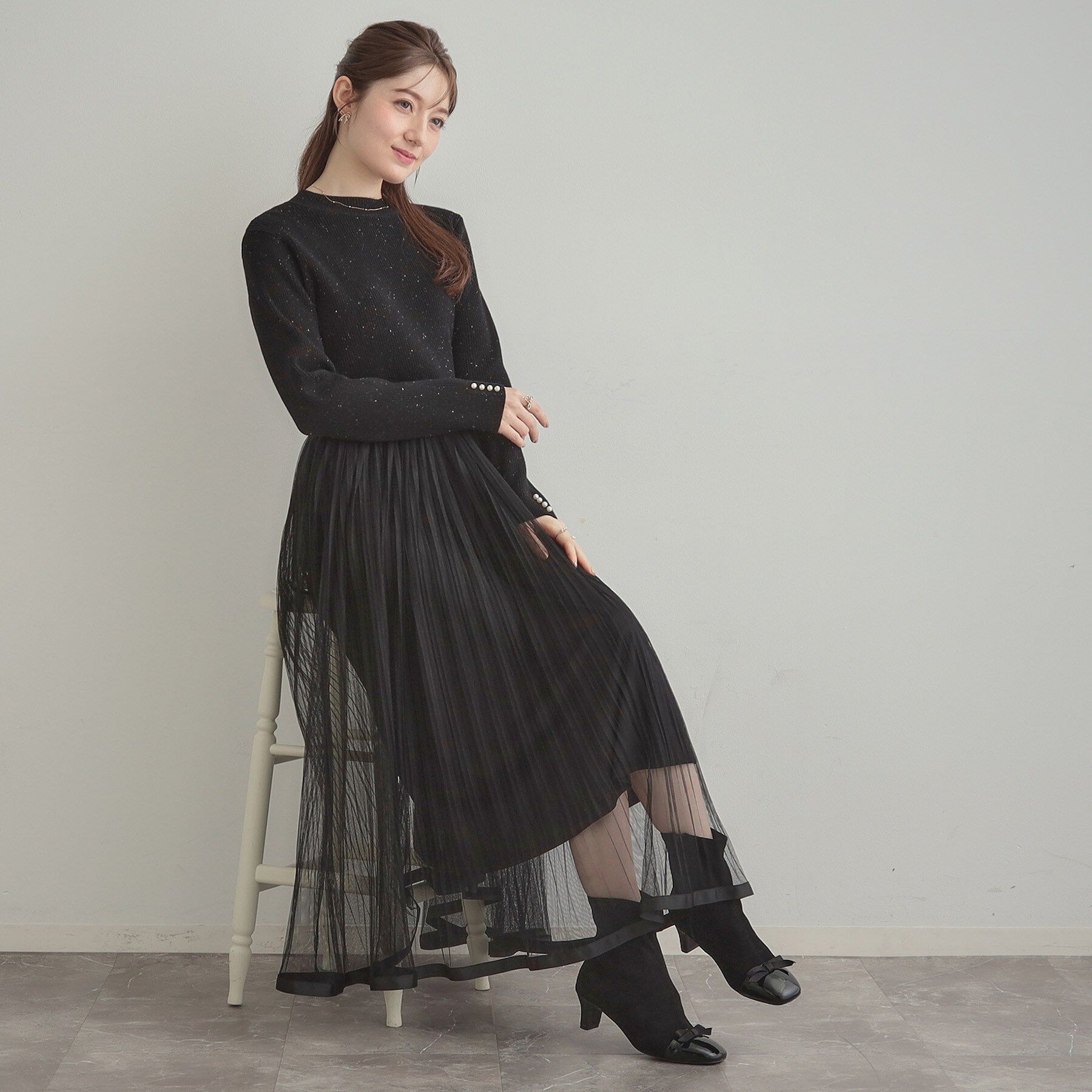 Couture broach「【S-LL/キラキラリブニット】チュールドッキング ワンピース」|ワンピース|
