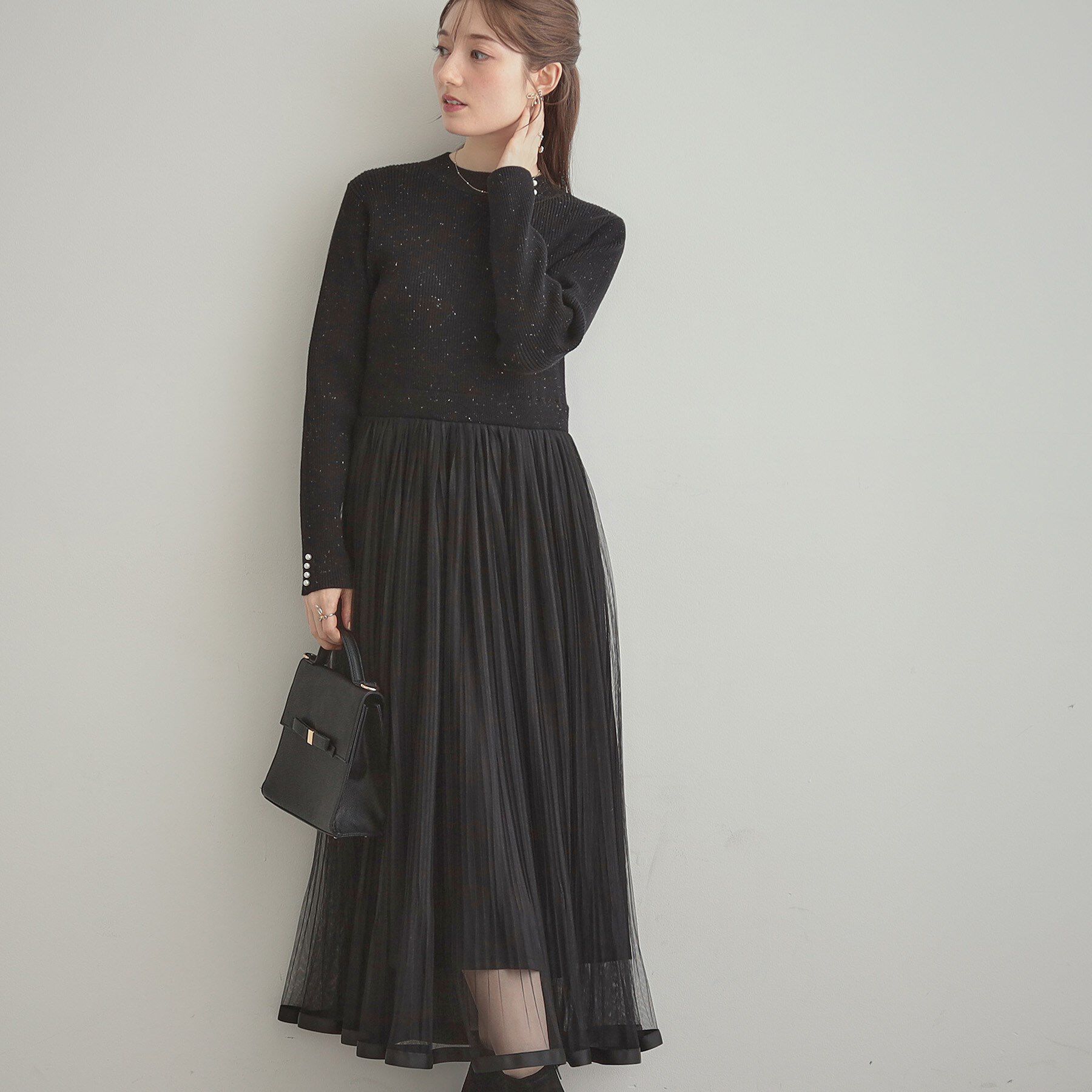 Couture broach「【S-LL/キラキラリブニット】チュールドッキング ワンピース」|ワンピース|