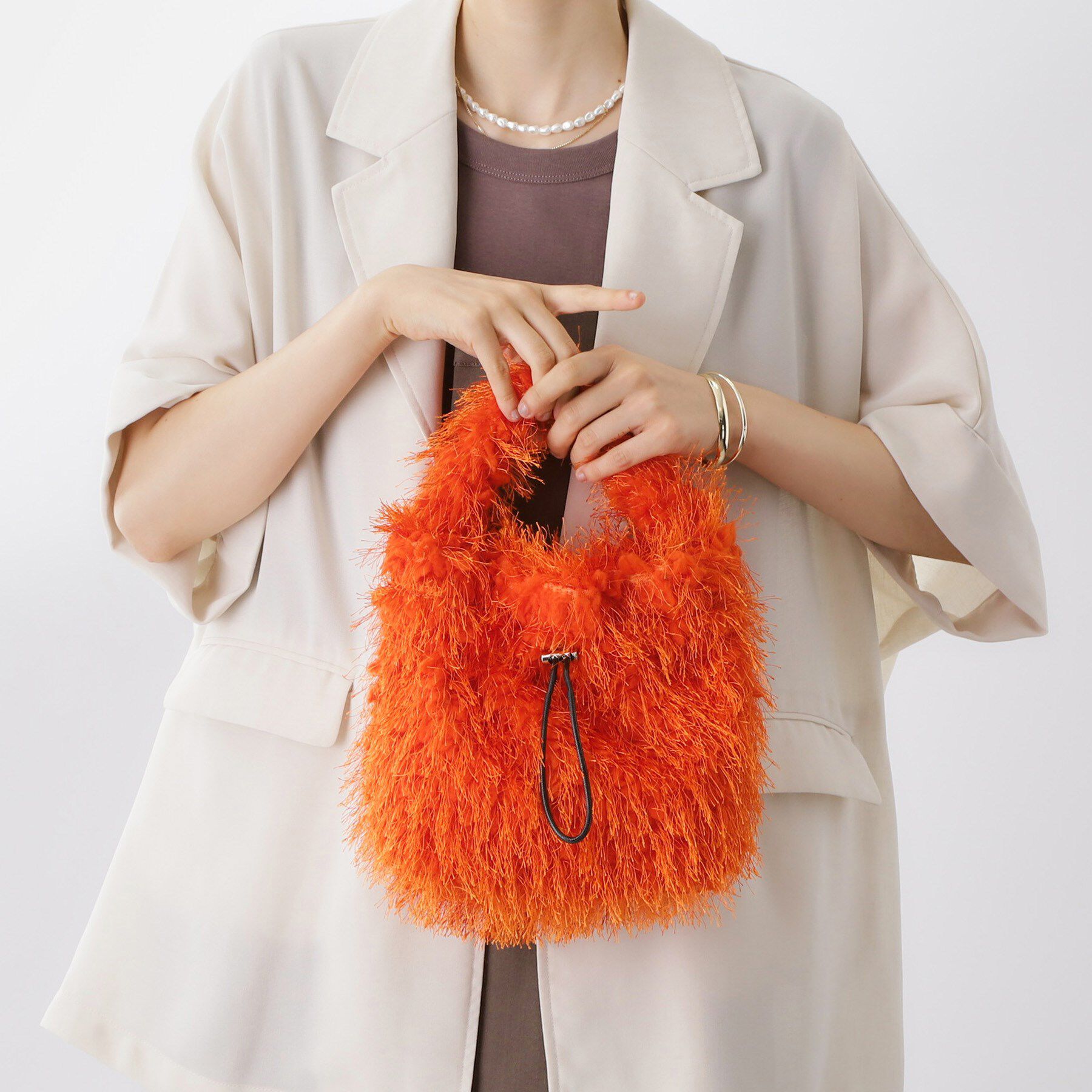 THE SHOP TK「フリンジボア巾着バッグ」|ショルダー・メッセンジャー|オレンジ(067)