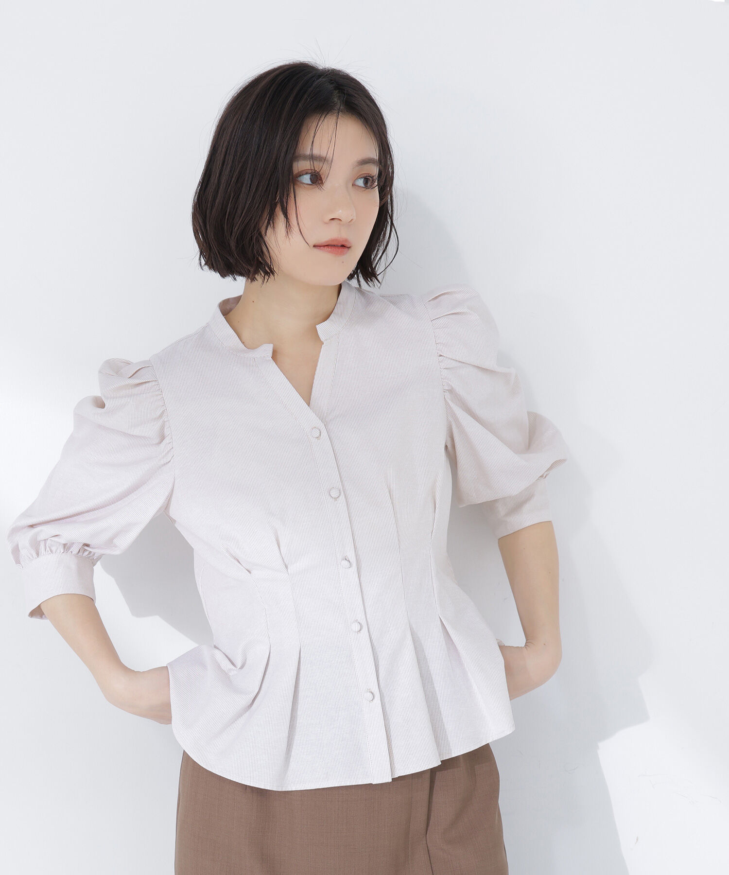  「ストライプペプラムブラウス」|シャツ・ブラウス|ベージュ系2