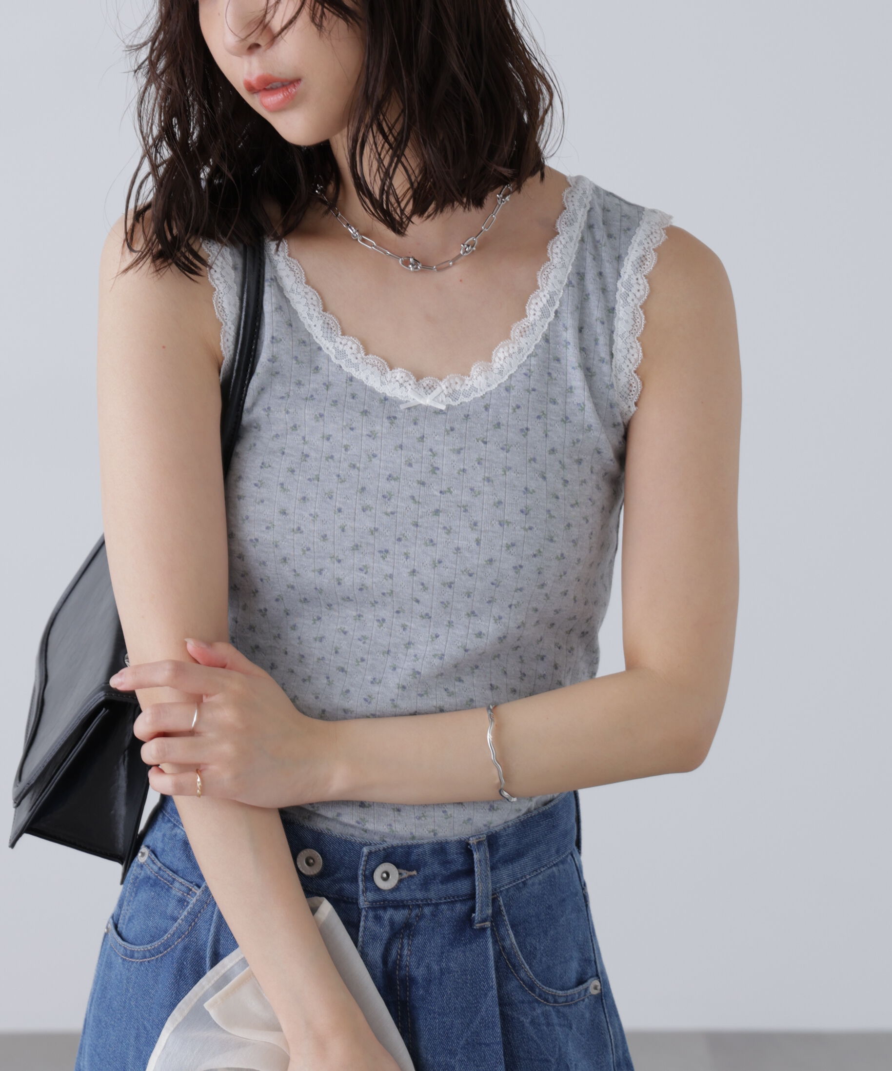  「花柄レーステレコタンクトップ」|Tシャツ・カットソー|グレーベース1