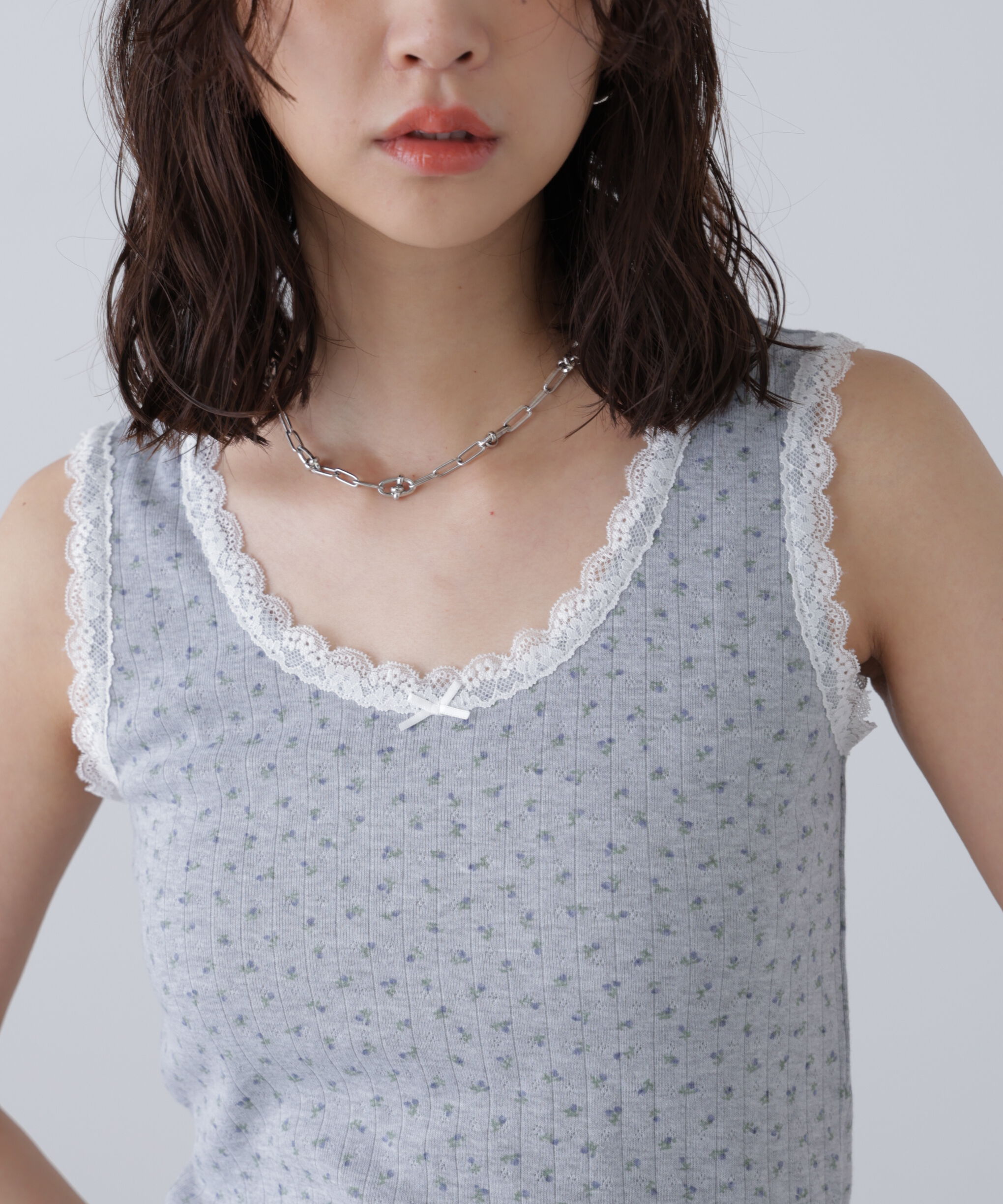  「花柄レーステレコタンクトップ」|Tシャツ・カットソー|