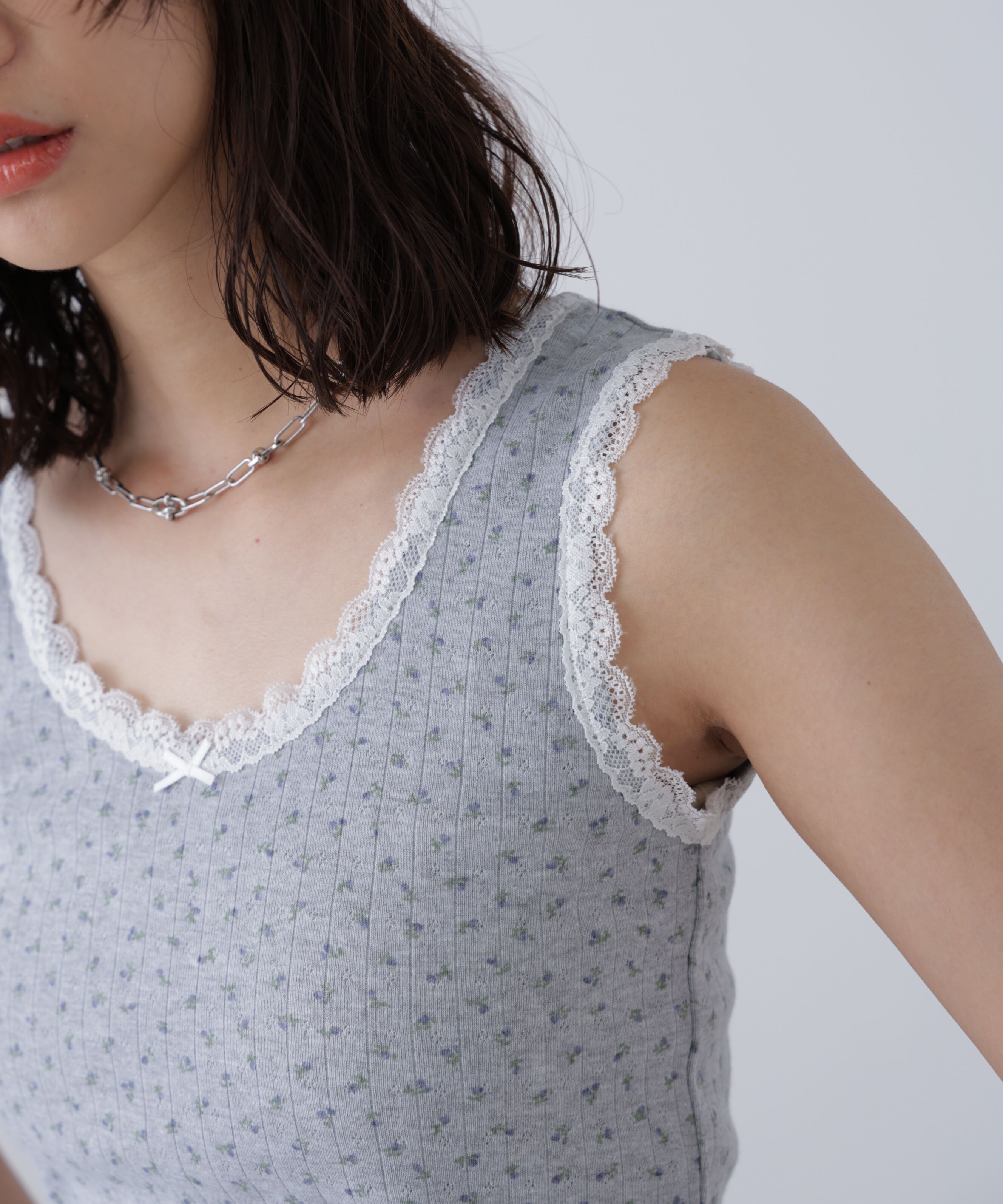  「花柄レーステレコタンクトップ」|Tシャツ・カットソー|