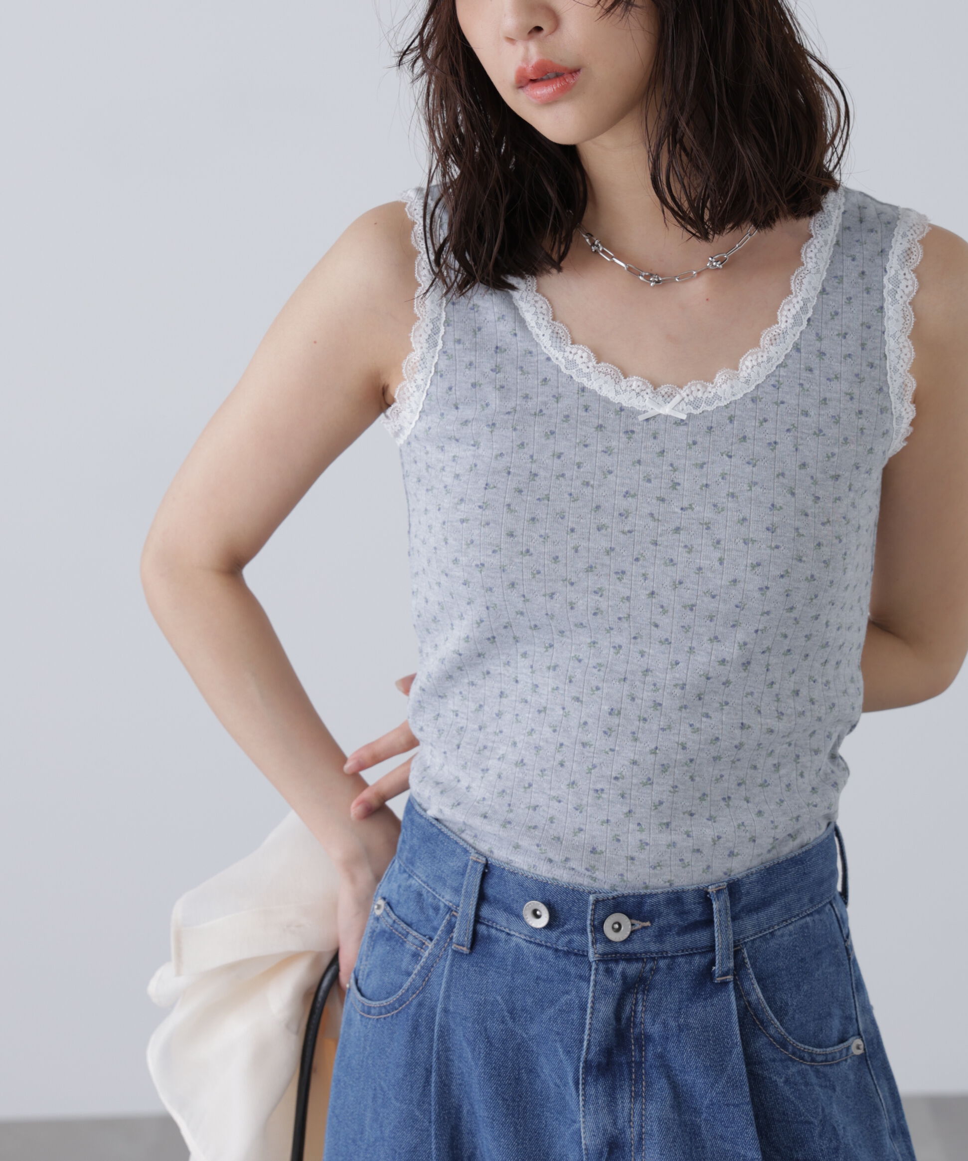  「花柄レーステレコタンクトップ」|Tシャツ・カットソー|