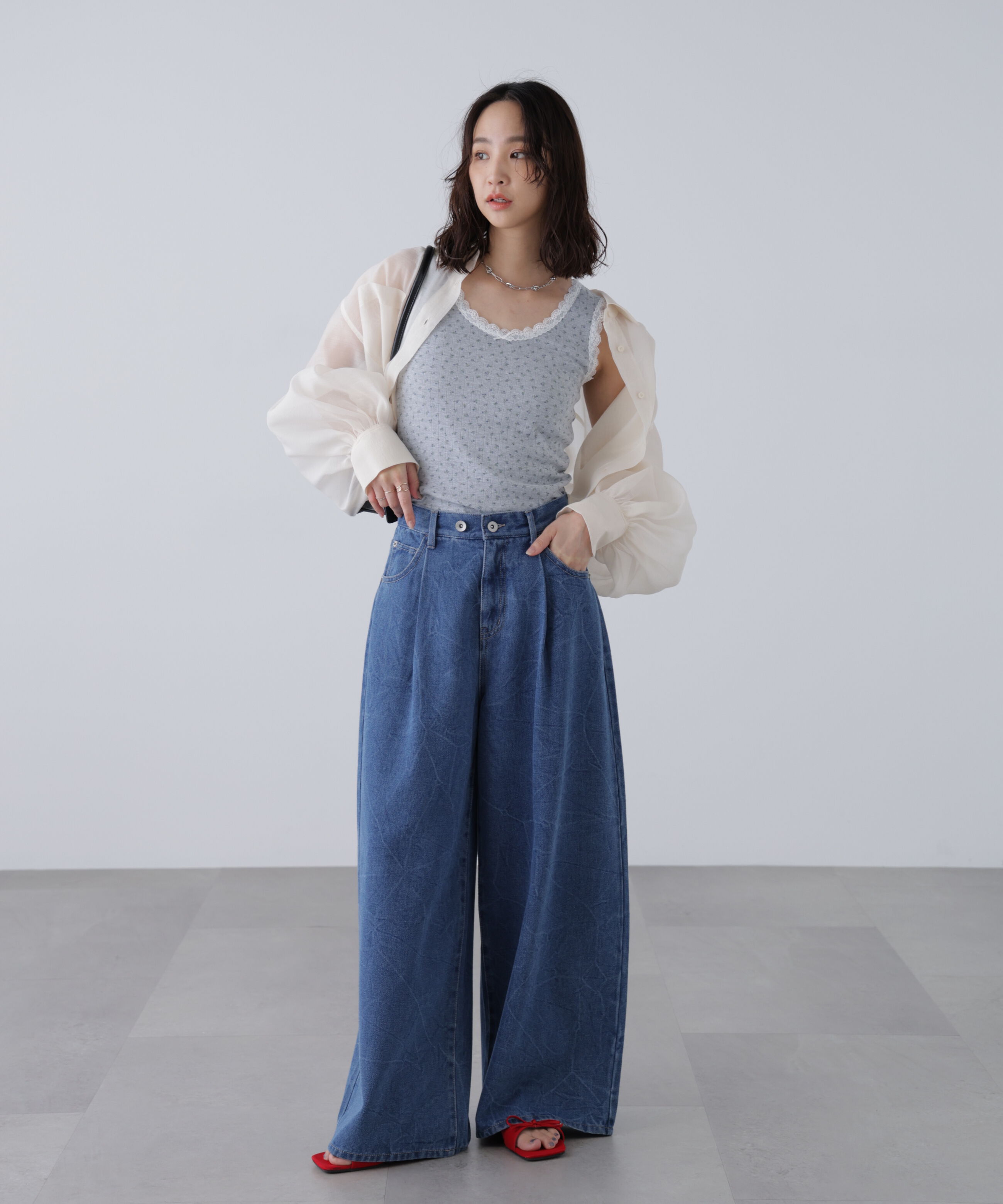  「花柄レーステレコタンクトップ」|Tシャツ・カットソー|