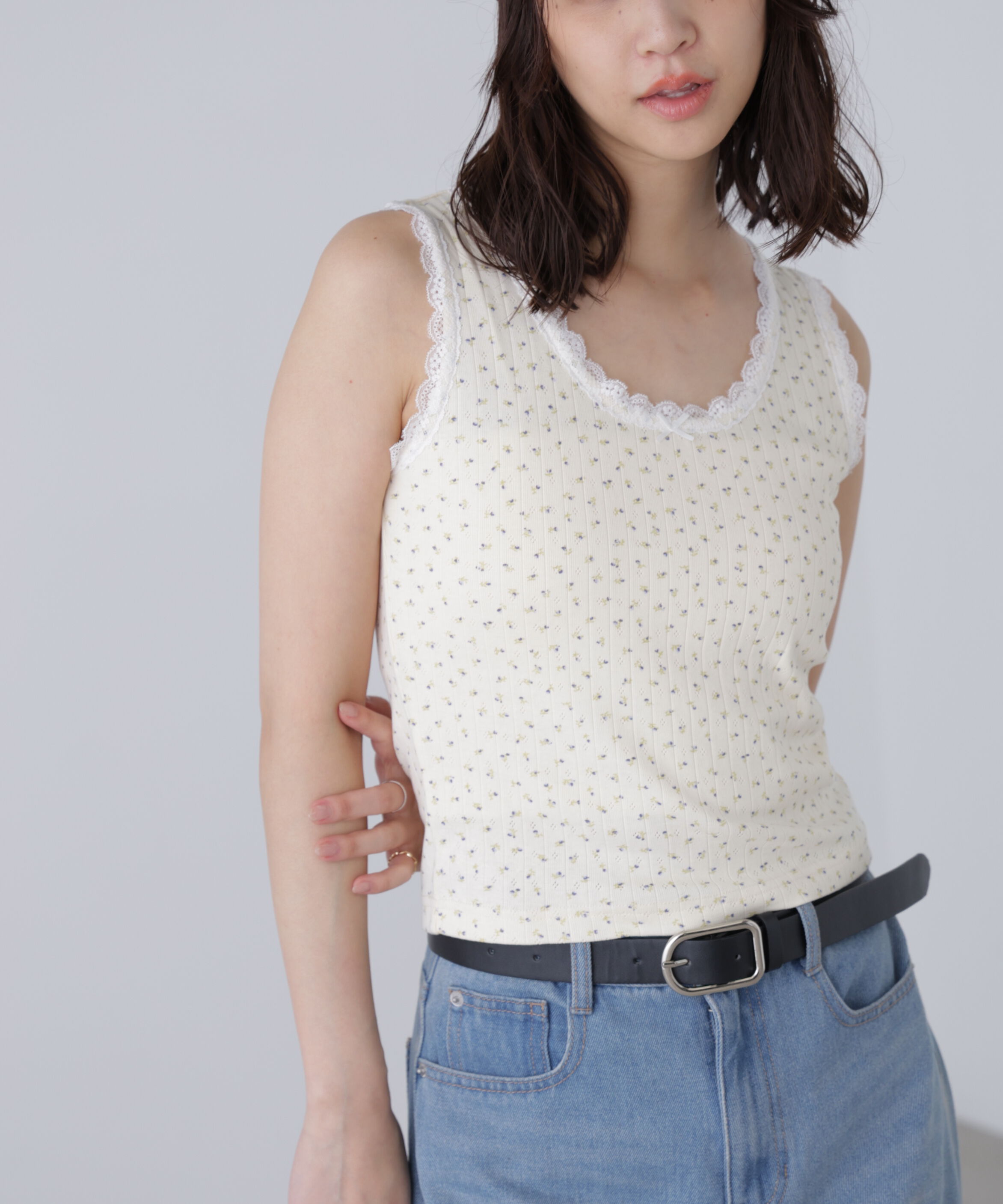  「花柄レーステレコタンクトップ」|Tシャツ・カットソー|