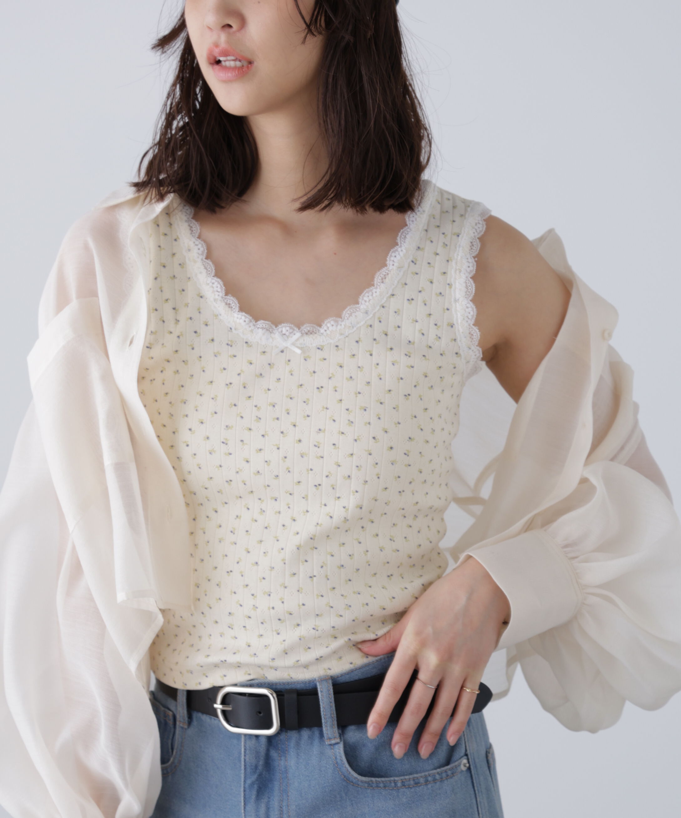  「花柄レーステレコタンクトップ」|Tシャツ・カットソー|