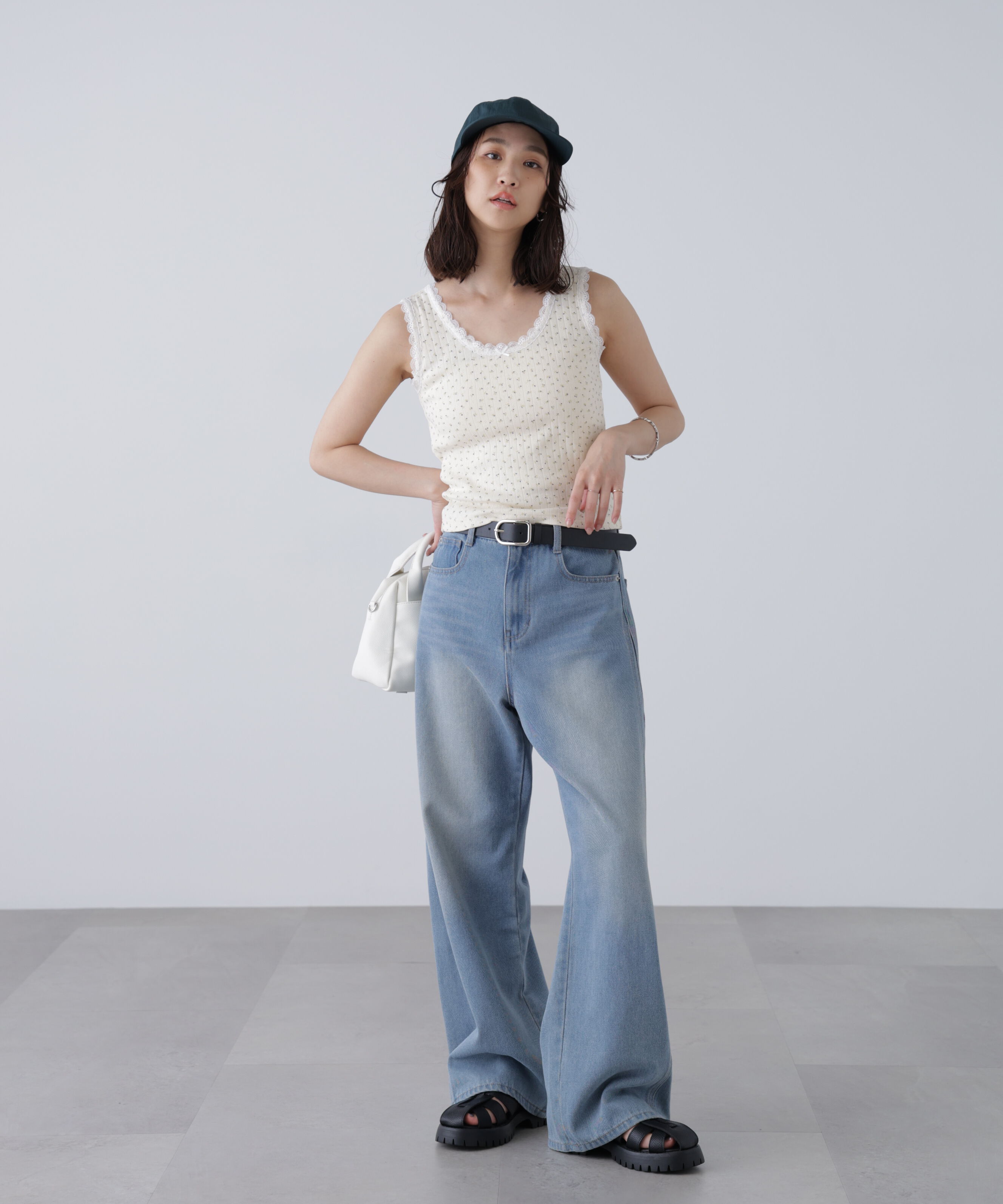  「花柄レーステレコタンクトップ」|Tシャツ・カットソー|