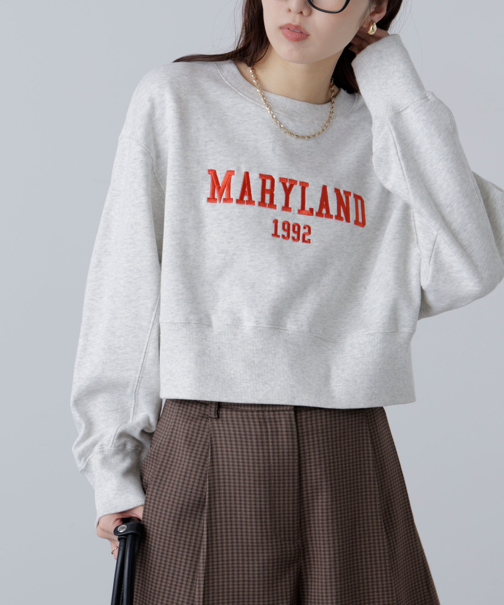  「カレッジロゴショート丈スウェット」|Tシャツ・カットソー|