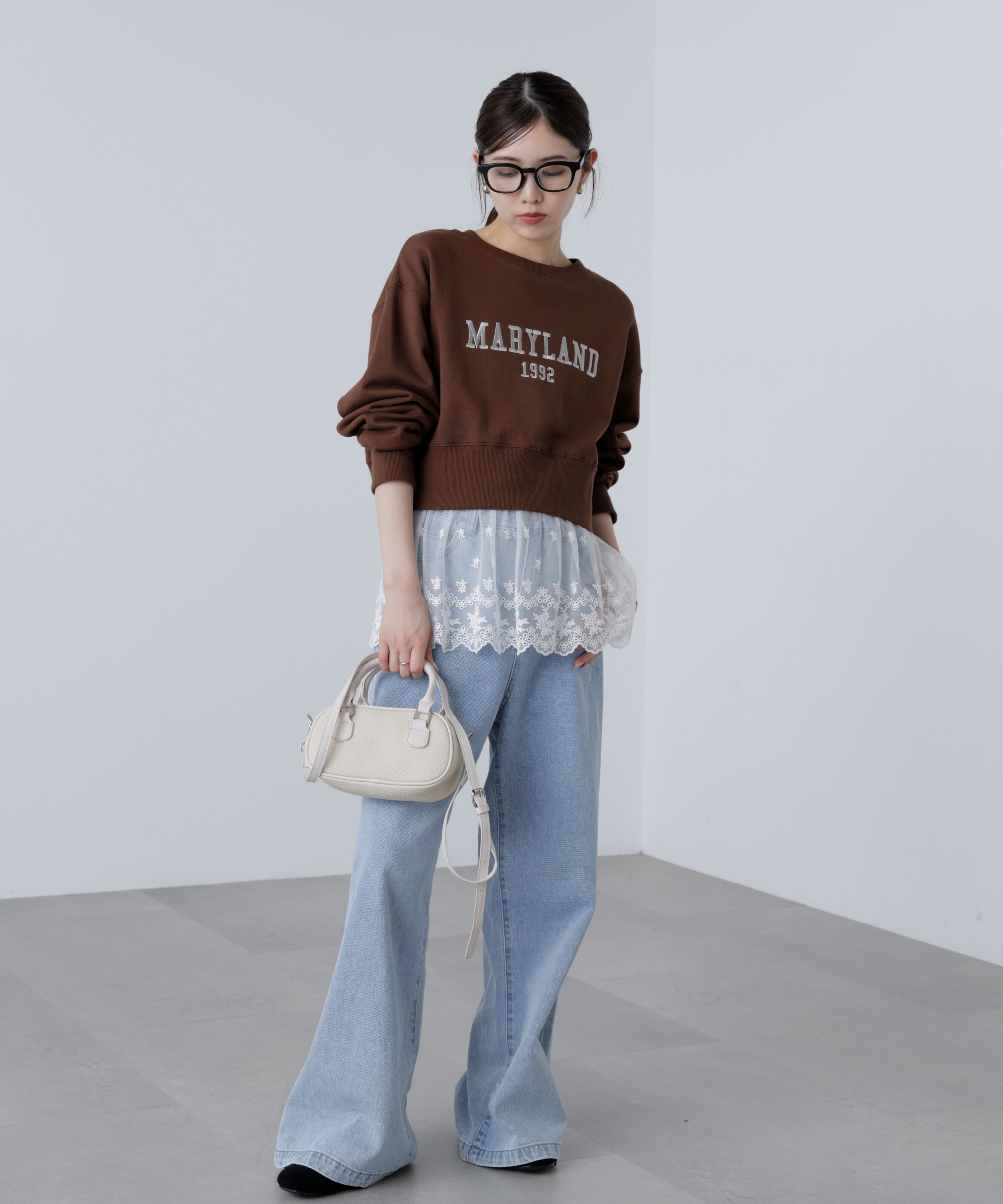  「カレッジロゴショート丈スウェット」|Tシャツ・カットソー|