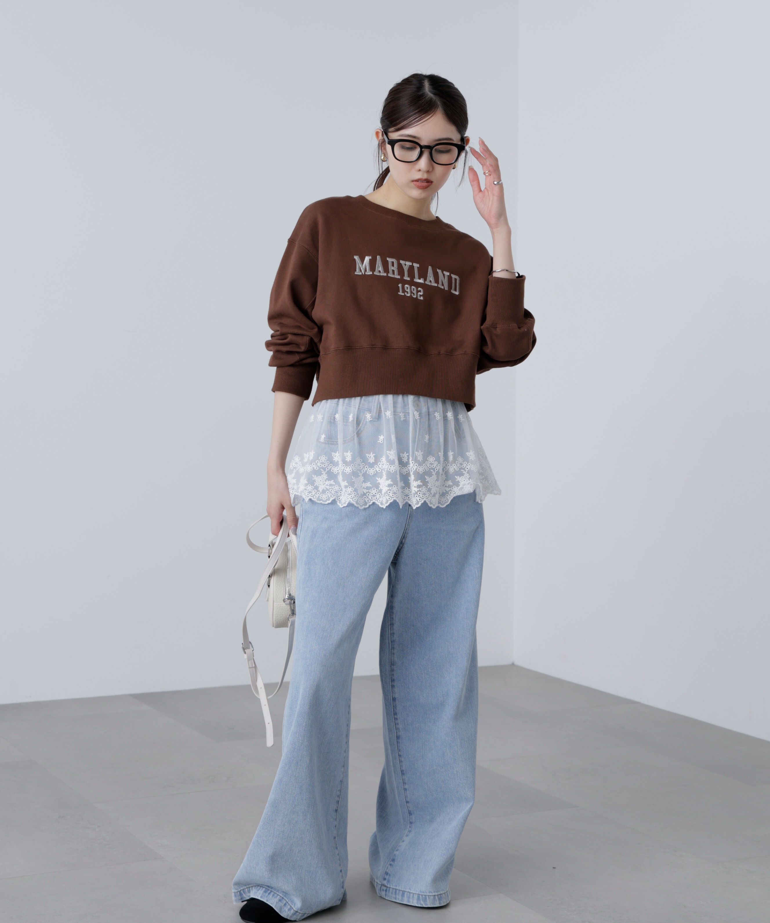  「カレッジロゴショート丈スウェット」|Tシャツ・カットソー|