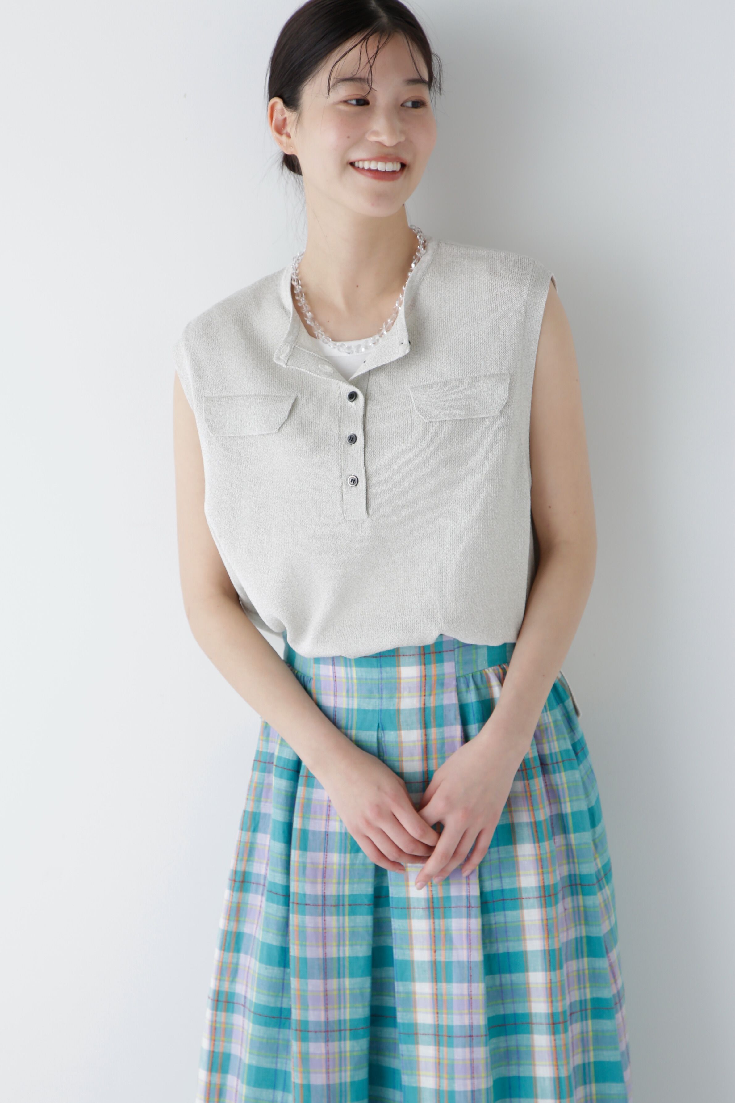  「◆【ウォッシャブル】ペーパーヤーンヘンリネックベスト」|ニット・セーター|ライトグレー