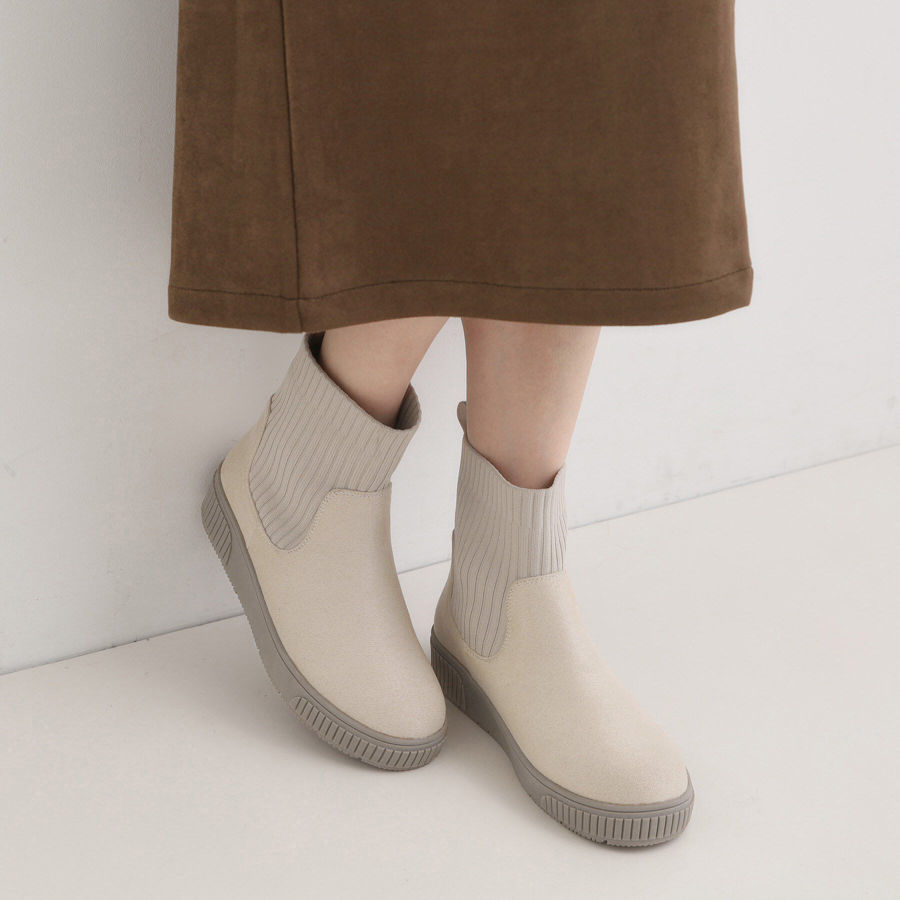 SHOO･LA･RUE「【撥水/低反発クッション】すっぽりラクラク はきぐちニットブーツ」|ショートブーツ|