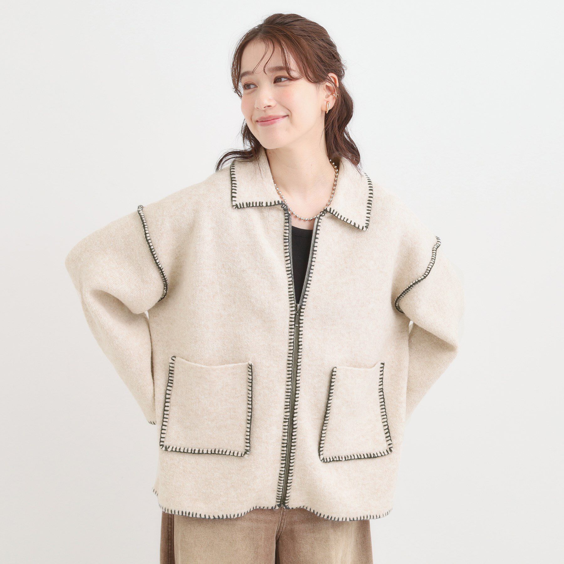 SHOO･LA･RUE「配色ステッチがポイント 襟付きジップニットカーディガン」|カーディガン|