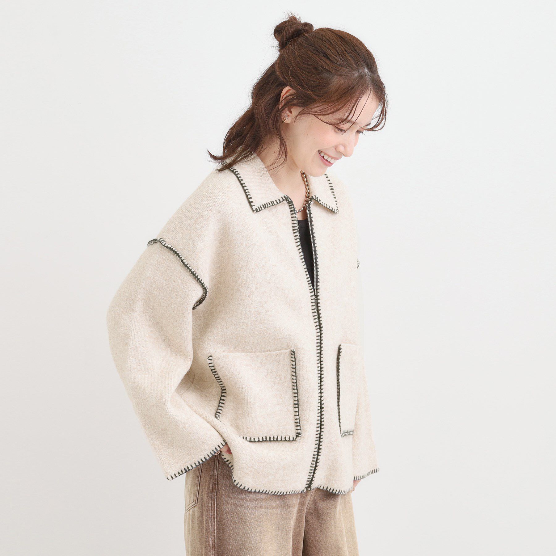 SHOO･LA･RUE「配色ステッチがポイント 襟付きジップニットカーディガン」|カーディガン|