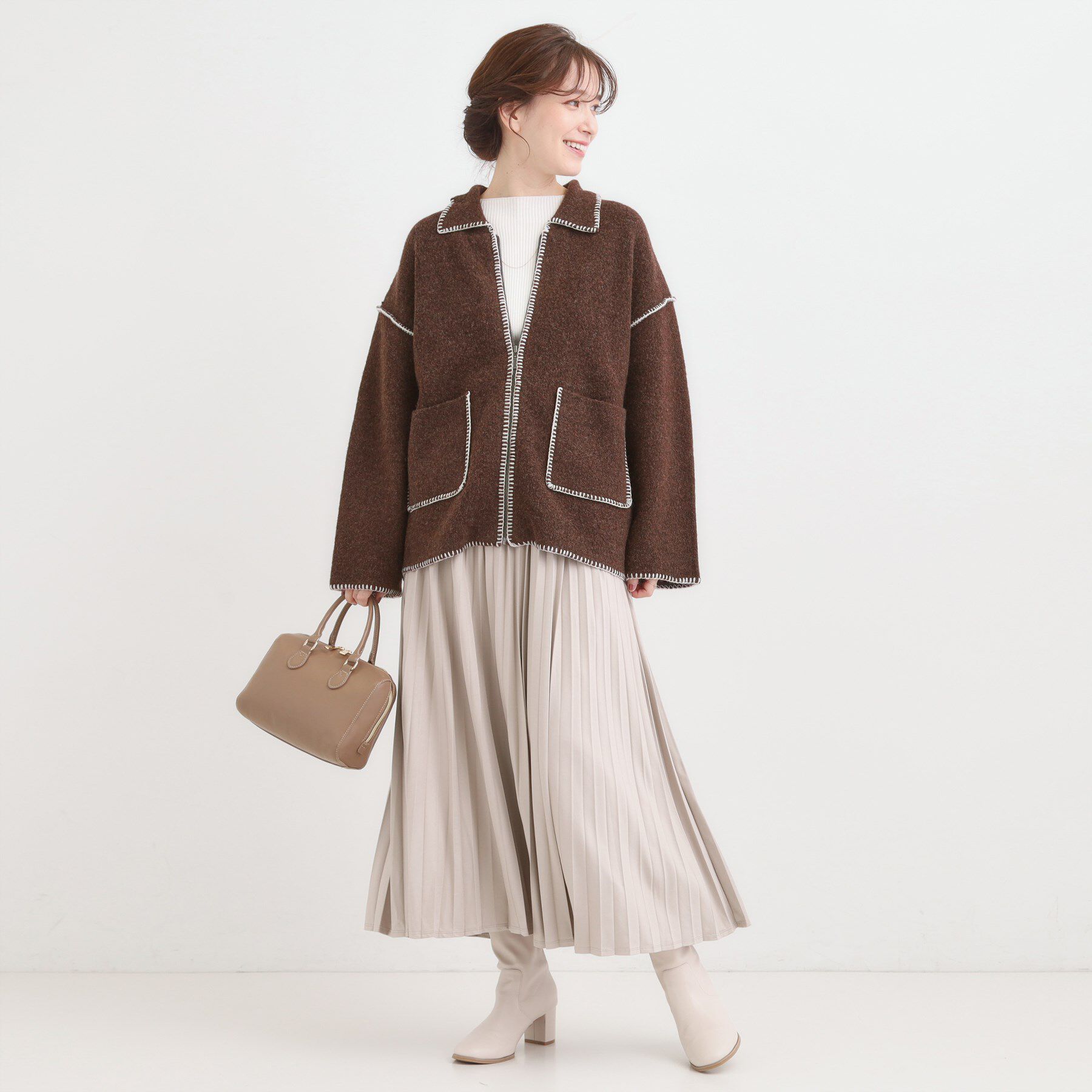 SHOO･LA･RUE「配色ステッチがポイント 襟付きジップニットカーディガン」|カーディガン|