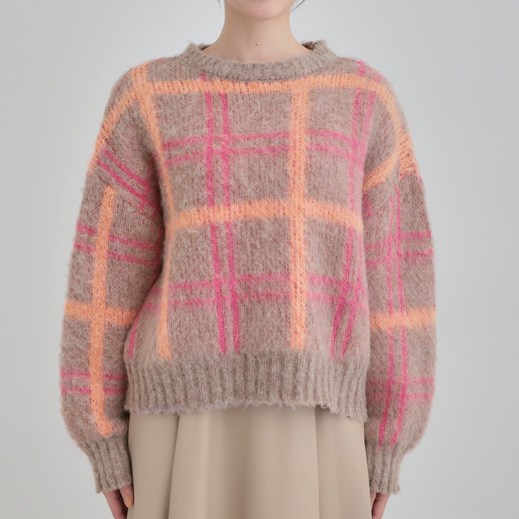 SHOO･LA･RUE「【S-LL】女性らしさ漂う ふわふわチェック柄ニット」|ニット・セーター|