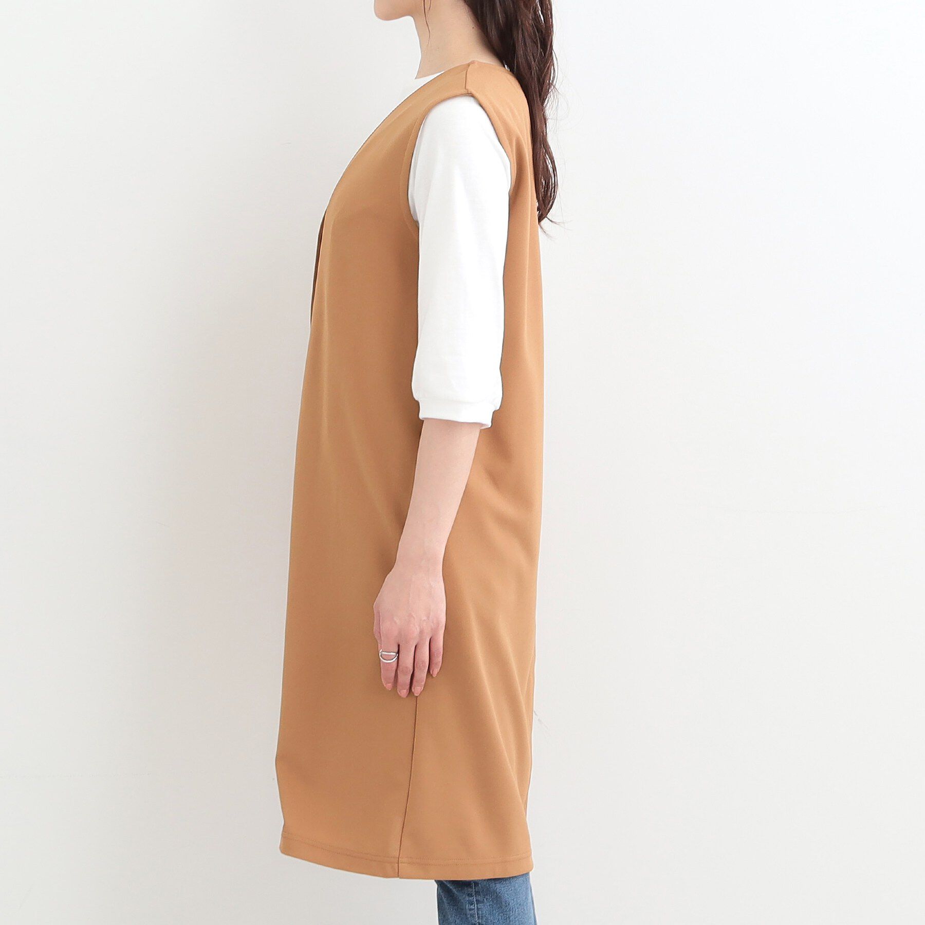 SHOO･LA･RUE「【2点セット/洗濯機可/S-LL】ジレにもなるジャンスカ+5分袖Tシャツ」|ワンピース|