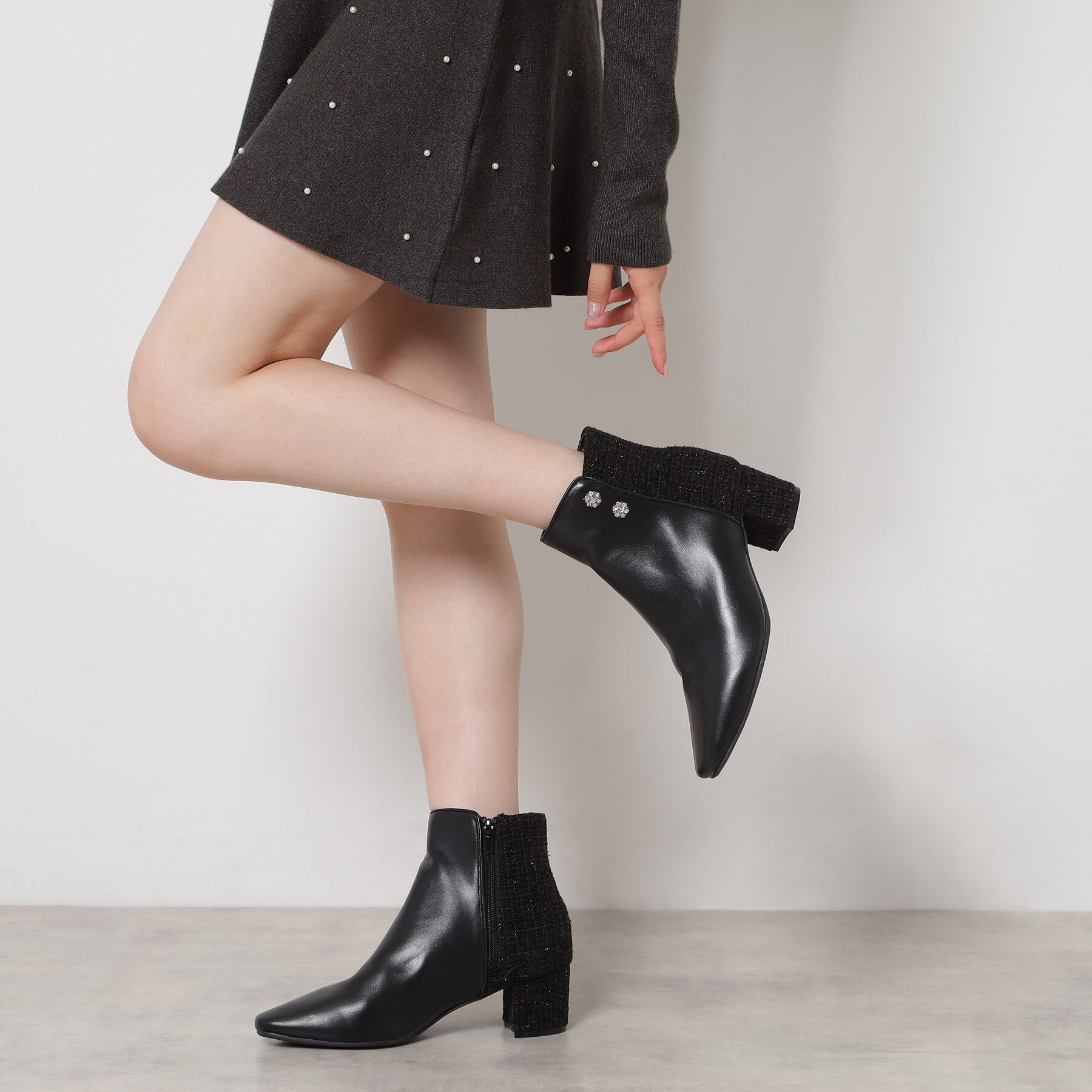 ESPERANZA「ビジュー付きツイードショートブーツ」|ショートブーツ|