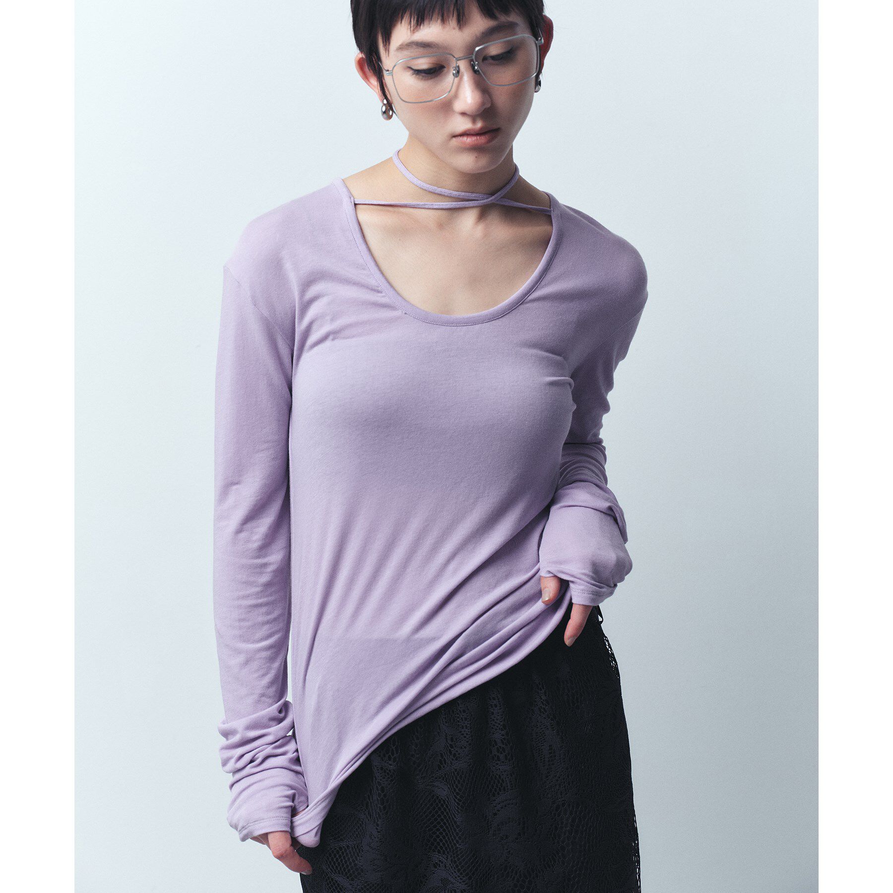 CODE A「front ribbon jersey tops」|Tシャツ・カットソー|ラベンダー(080)