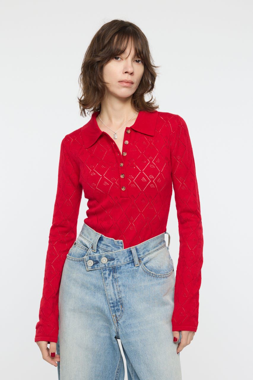 MOUSSY「EYELET KNIT ボディスーツ」|ニット・セーター|RED