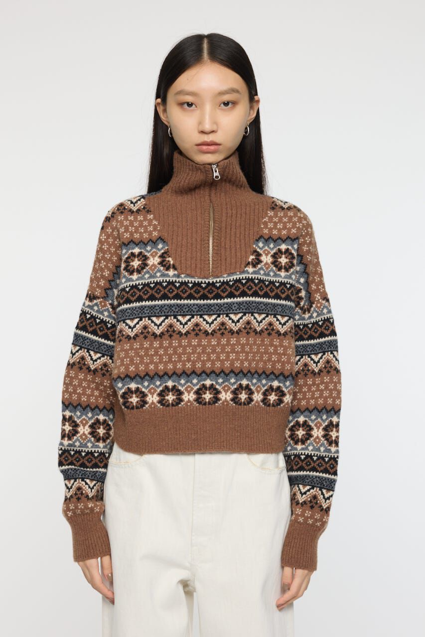 MOUSSY「HALF ZIP FAIR ISLE セーター」|ニット・セーター|BRN