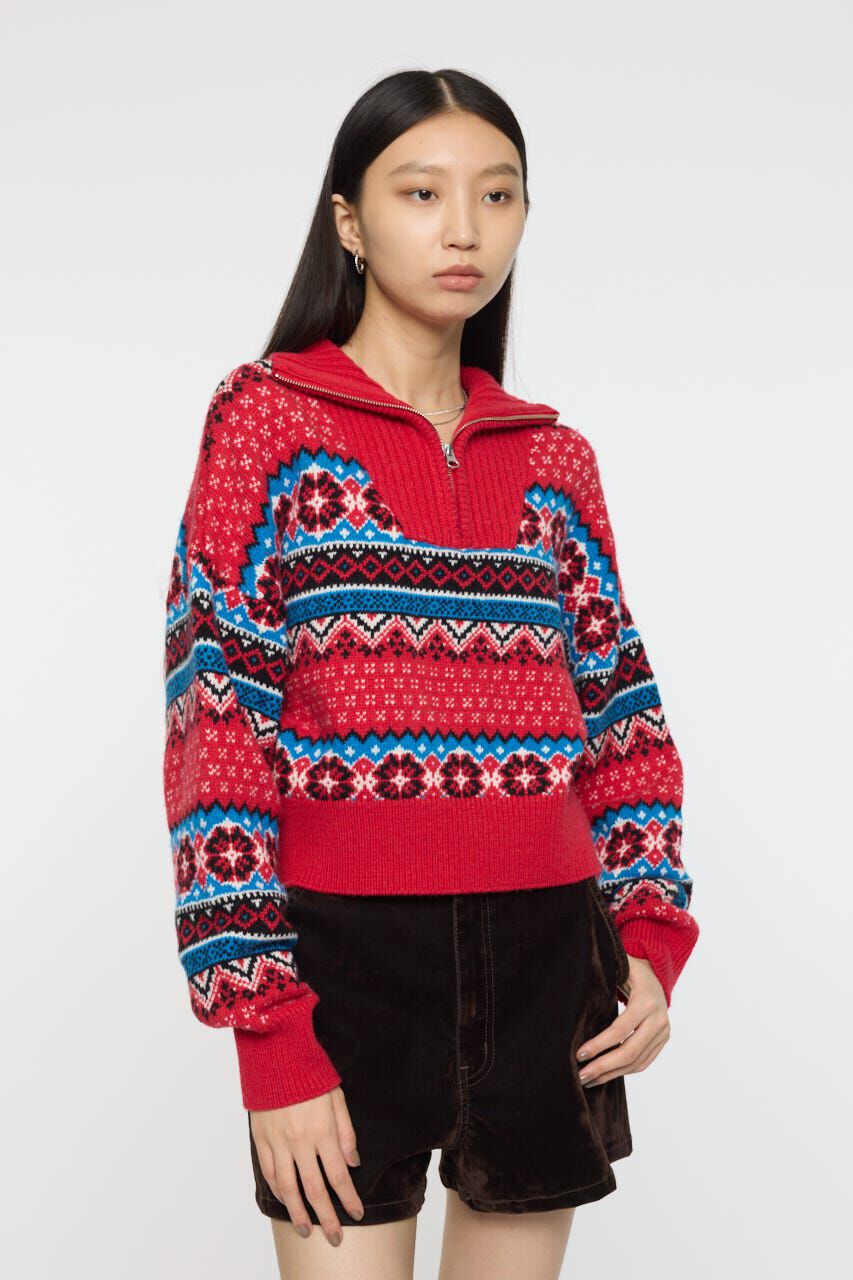 MOUSSY「HALF ZIP FAIR ISLE セーター」|ニット・セーター|RED