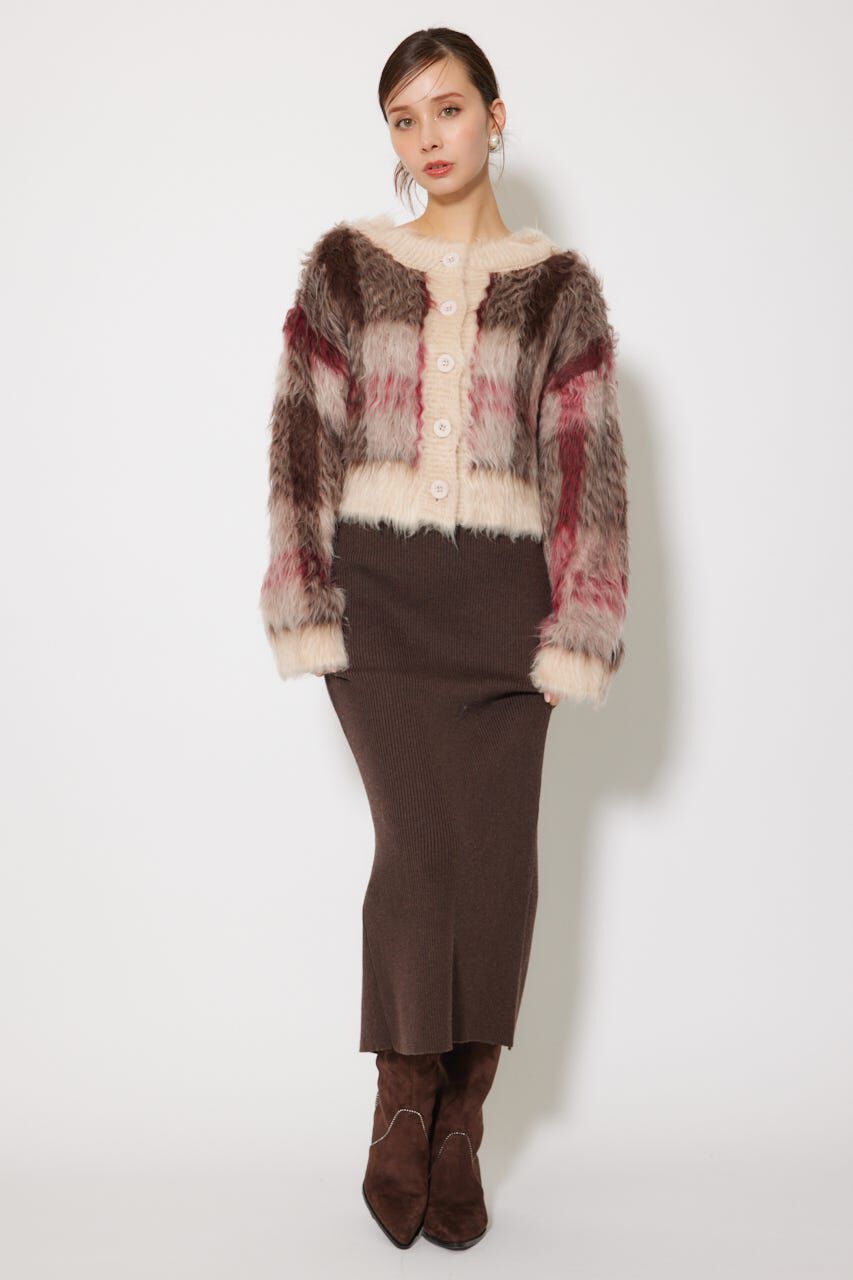 rienda「2WAYロングシャギーチェックショートニットカーディガン」|カーディガン|