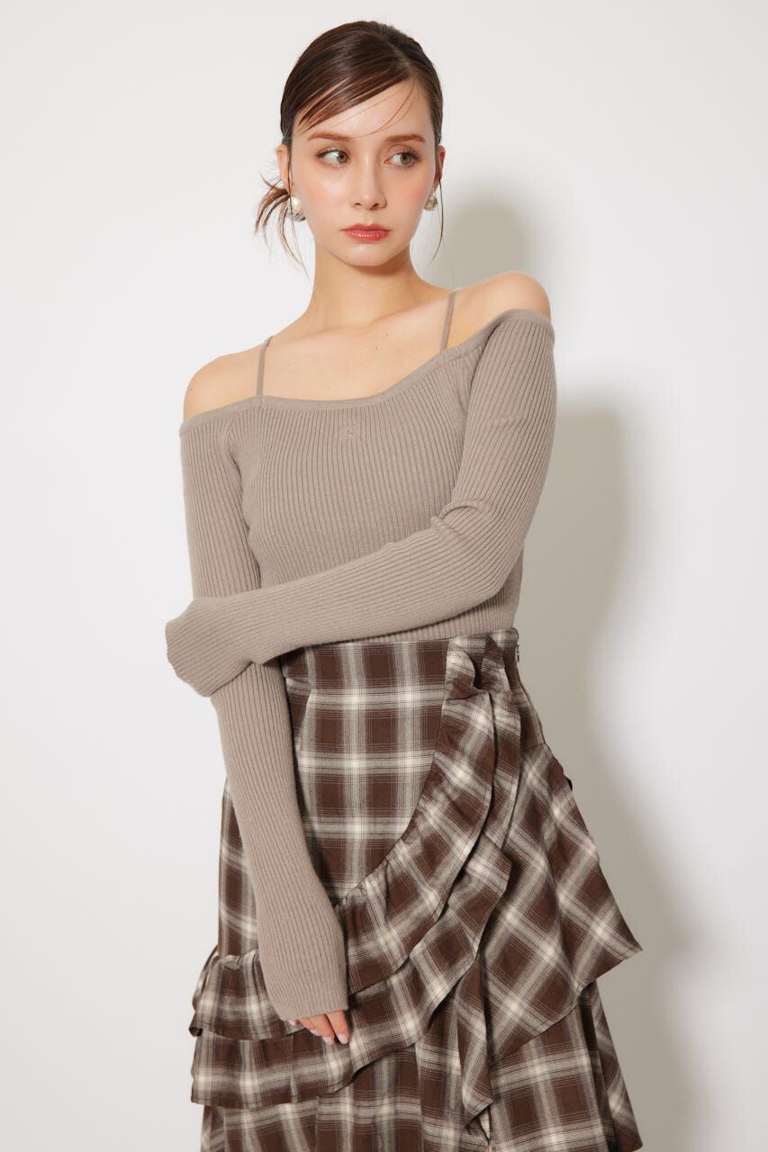 rienda「Rロゴバックリボンオフショルニットトップス」|ニット・セーター|BEG