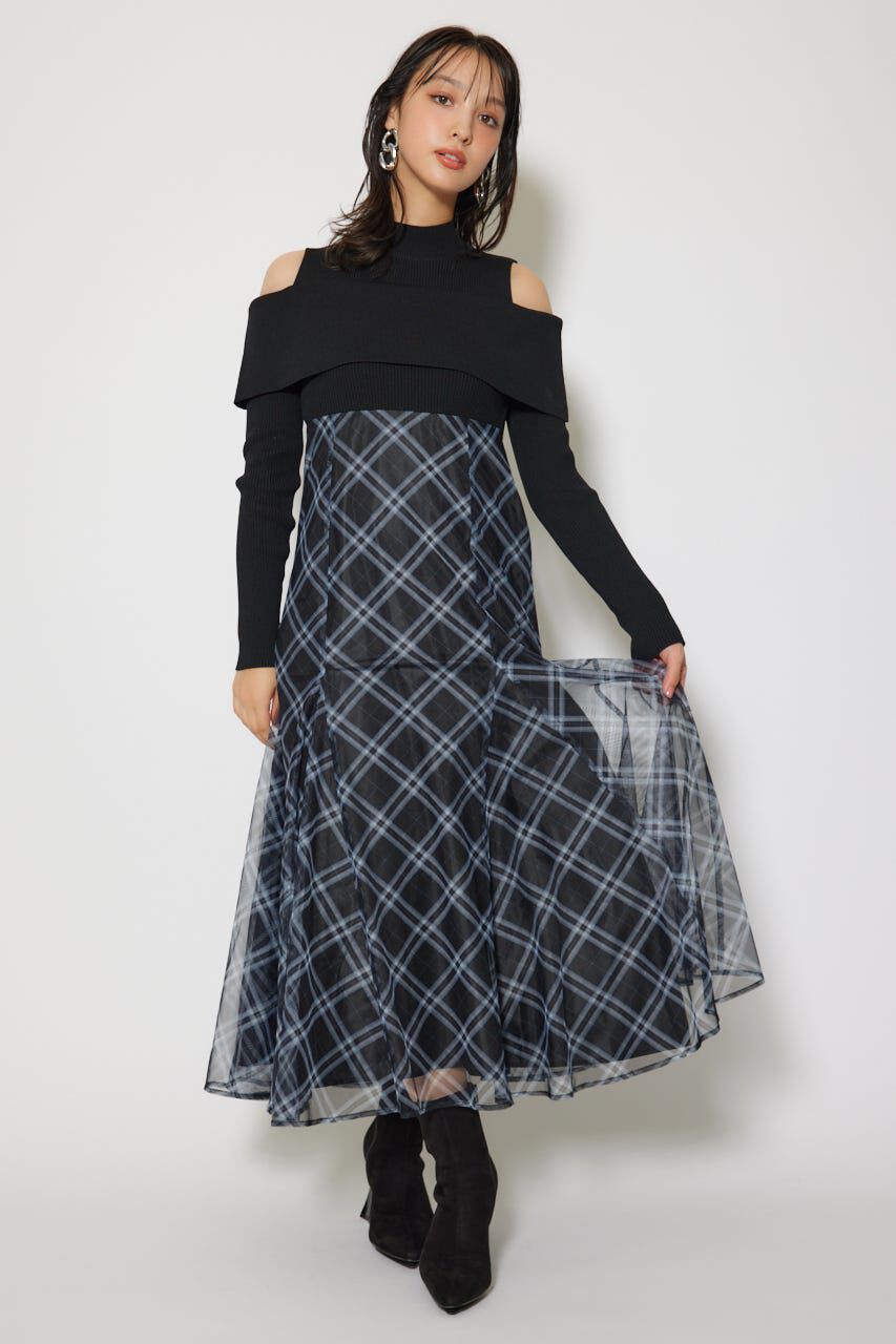 rienda「ドッキングオフショルニットフレアワンピース」|ワンピース|BLK