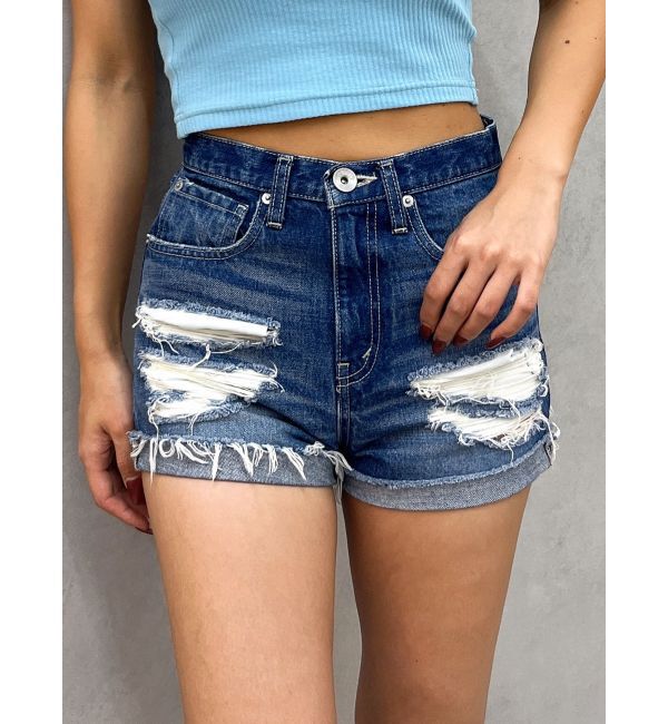 GYDA「ジャストウエストダメージデニムショートパンツ」|デニム|ブルー