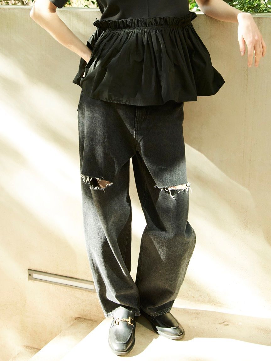 Mila Owen「【WEB限定00サイズ】ワイドテーパードカットアウトデニムパンツ」|デニム|