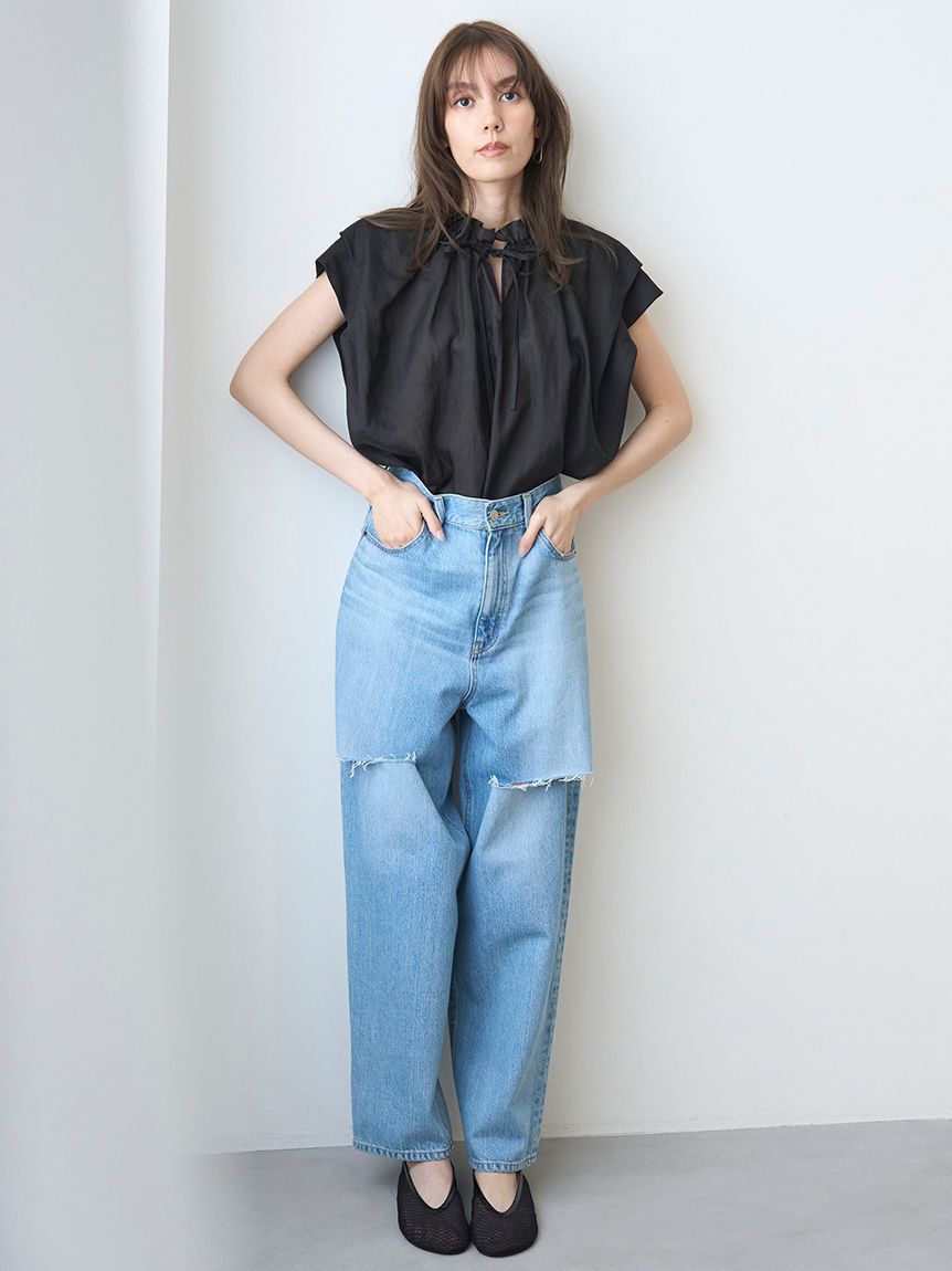 Mila Owen「【WEB限定00サイズ】ワイドテーパードカットアウトデニムパンツ」|デニム|