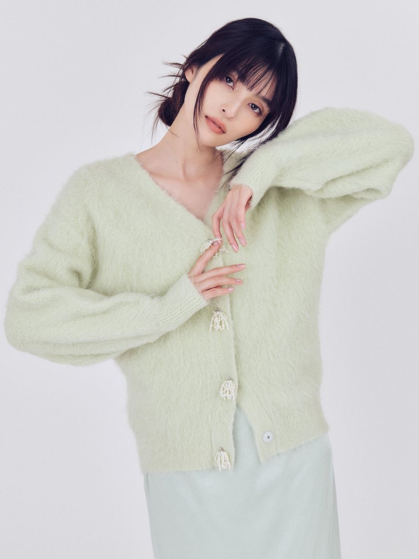 FRAY I.D「パールリボンシャギーミドルＶネックカーディガン」|カーディガン|