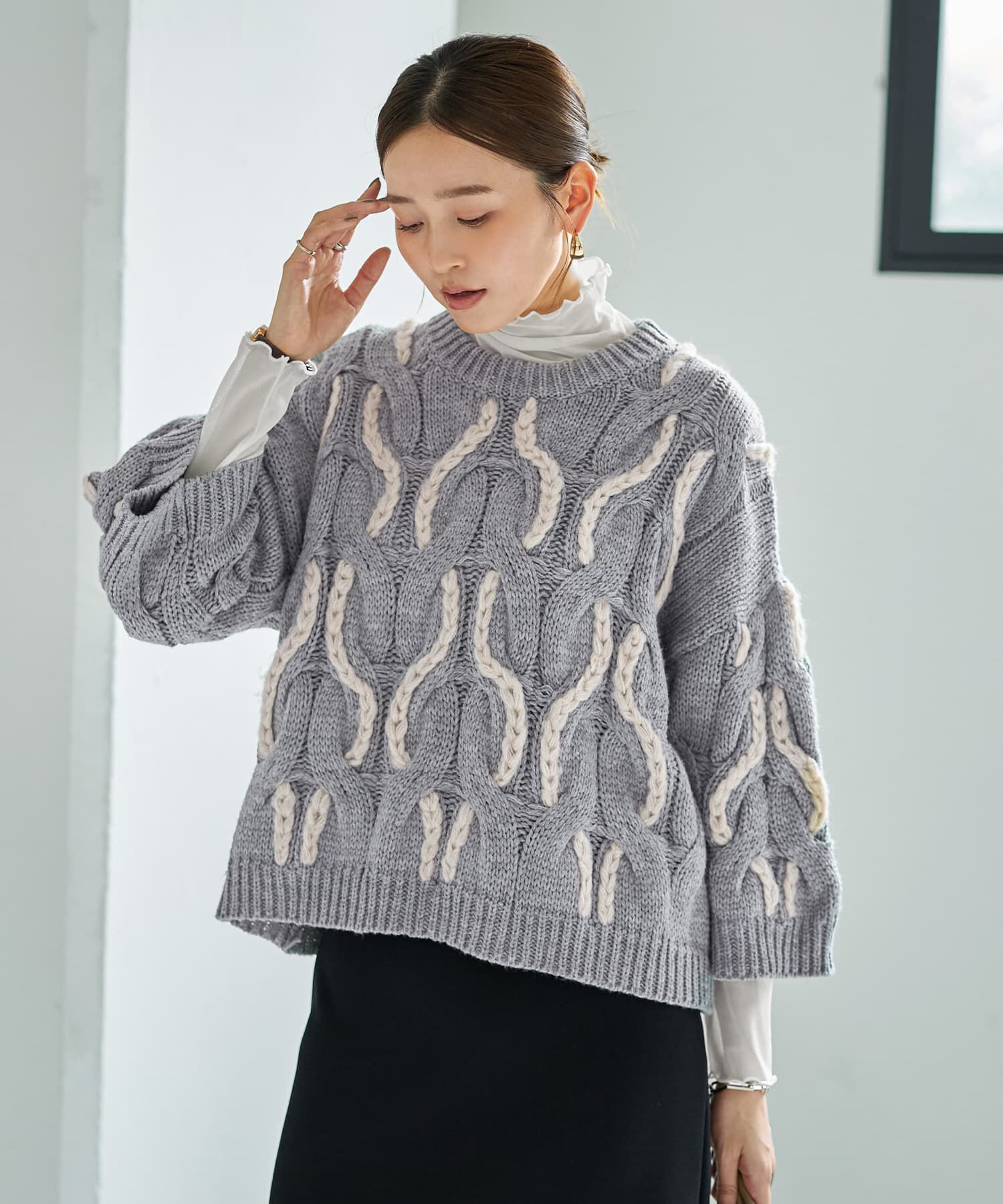 STYLE DELI「ゆる編みランダムケーブルニットトップス」|ニット・セーター|ブルーグレー