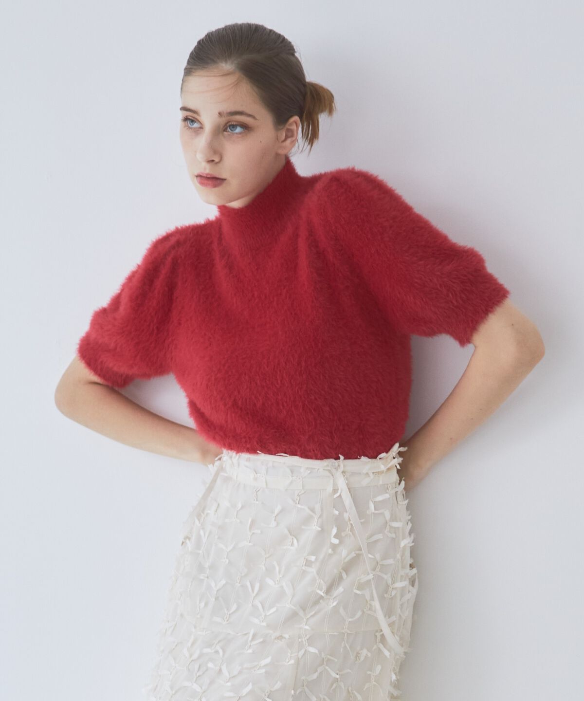 REDYAZEL「フェザーライク半袖ニットプルオーバー」|ニット・セーター|レッド