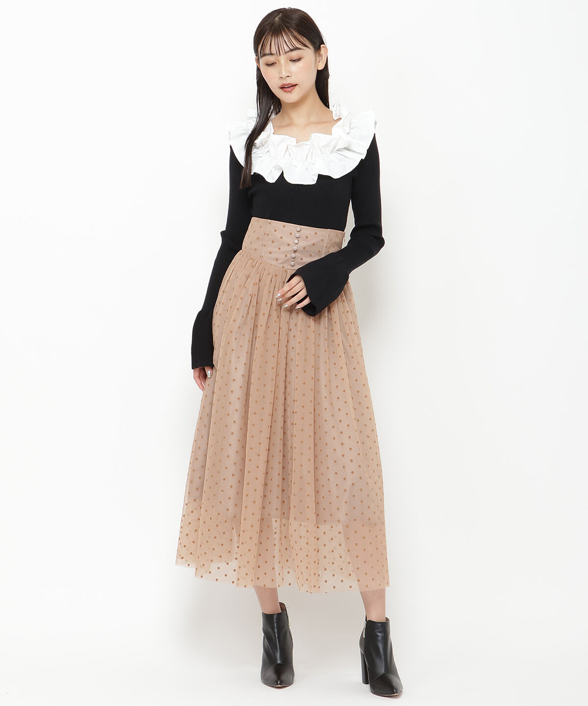 REDYAZEL「ドットチュールフレアスカート」|フレア|カーキ