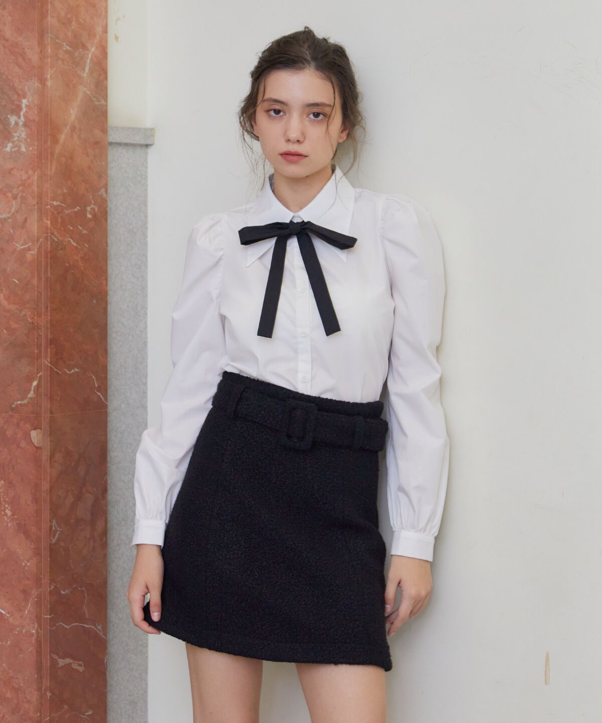 REDYAZEL「ベルティッドブークレミニスカート」|台形|ブラック