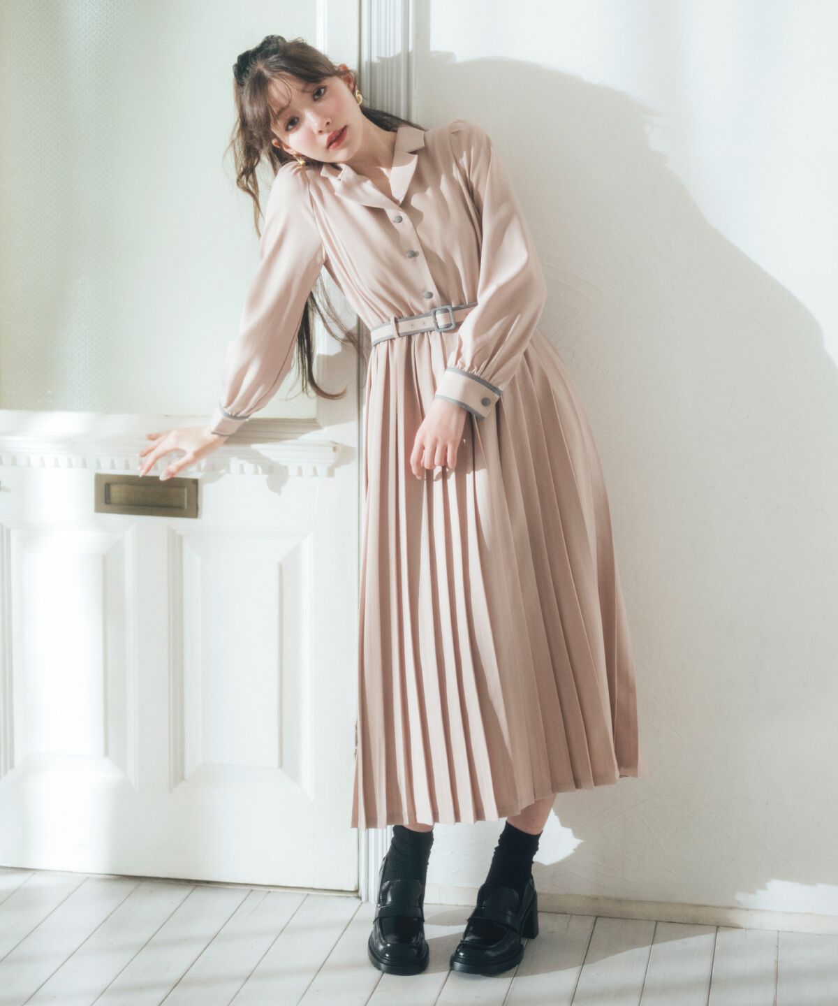 REDYAZEL「バイカラープリーツシャツワンピース」|ワンピース|ピンク