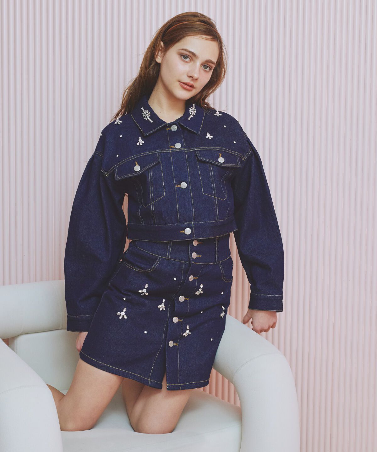 REDYAZEL「ビジューデニムミニスカート」|台形|