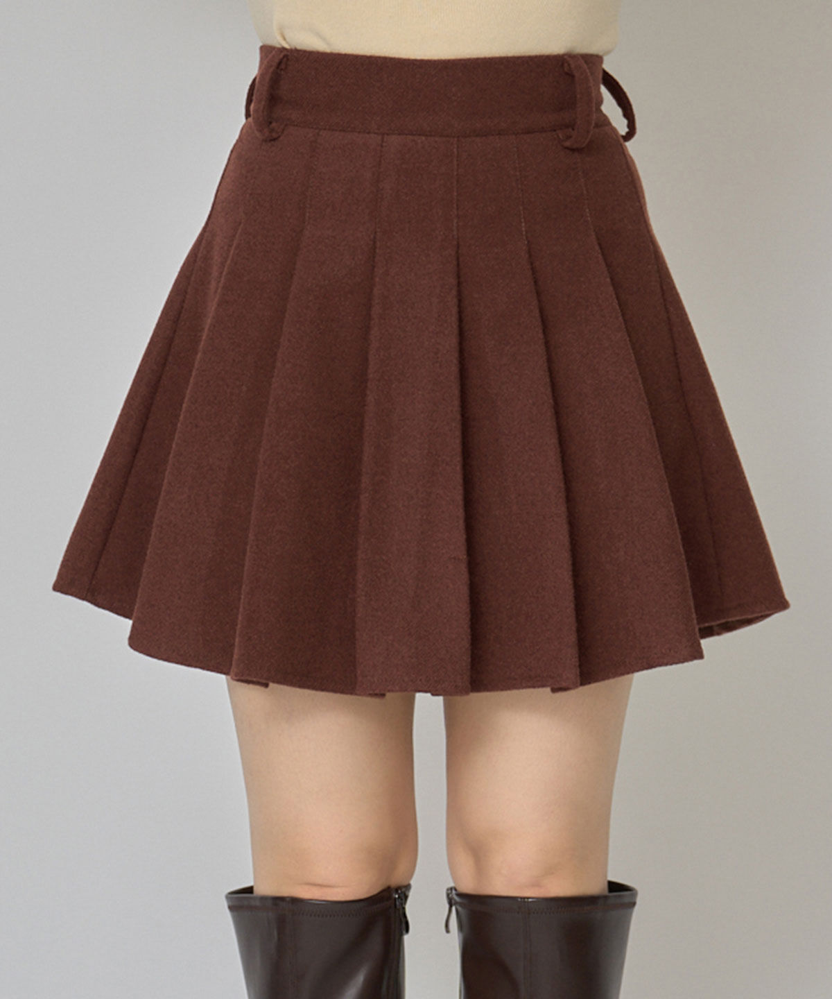 REDYAZEL「ファーチャームウールライクプリーツミニスカート」|フレア|