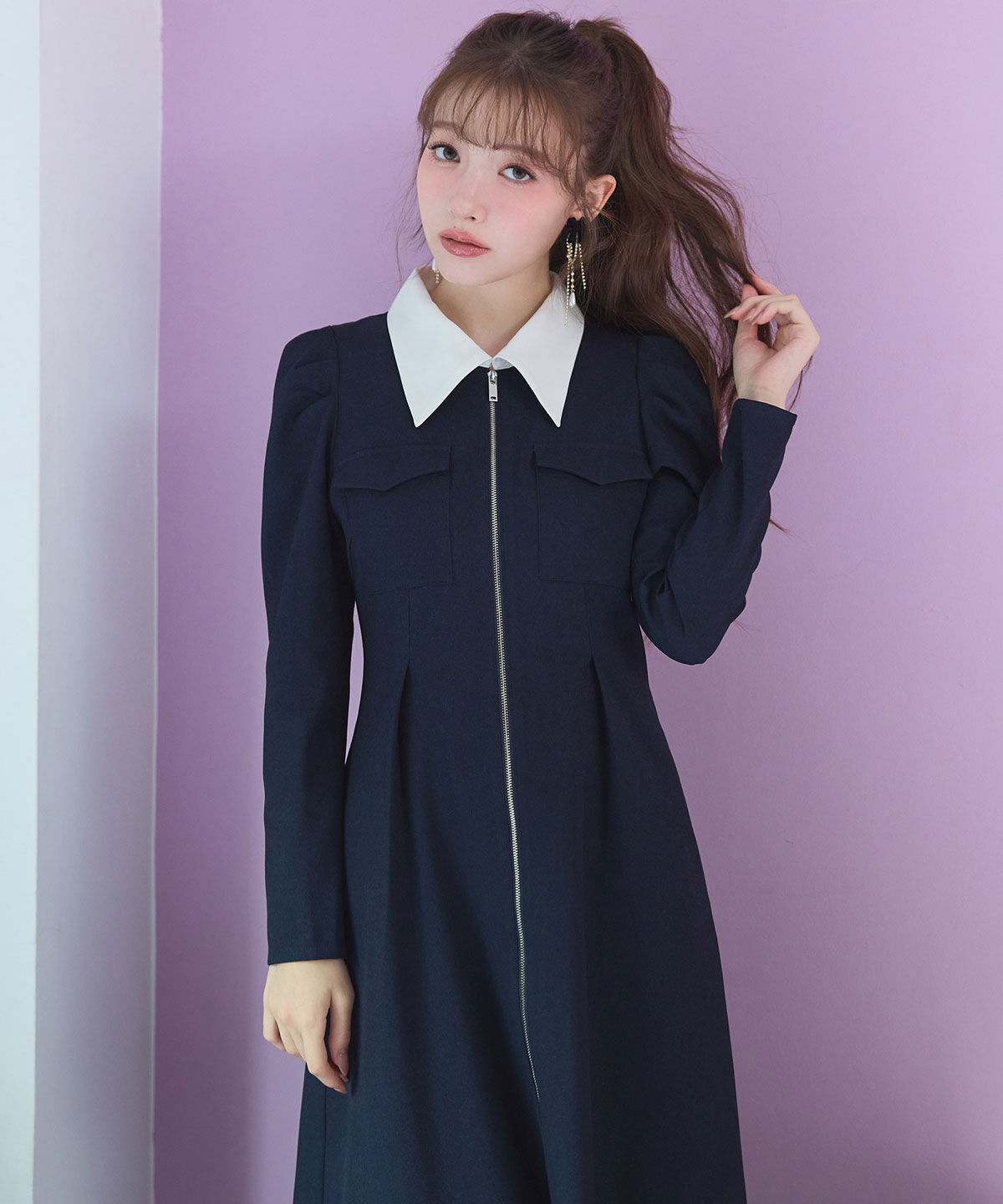 REDYAZEL「フロントZIPバイカラーロングワンピース」|ワンピース|ネイビー