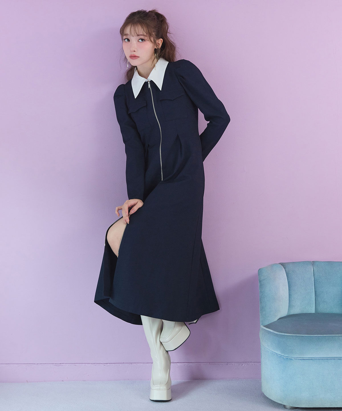 REDYAZEL「フロントZIPバイカラーロングワンピース」|ワンピース|