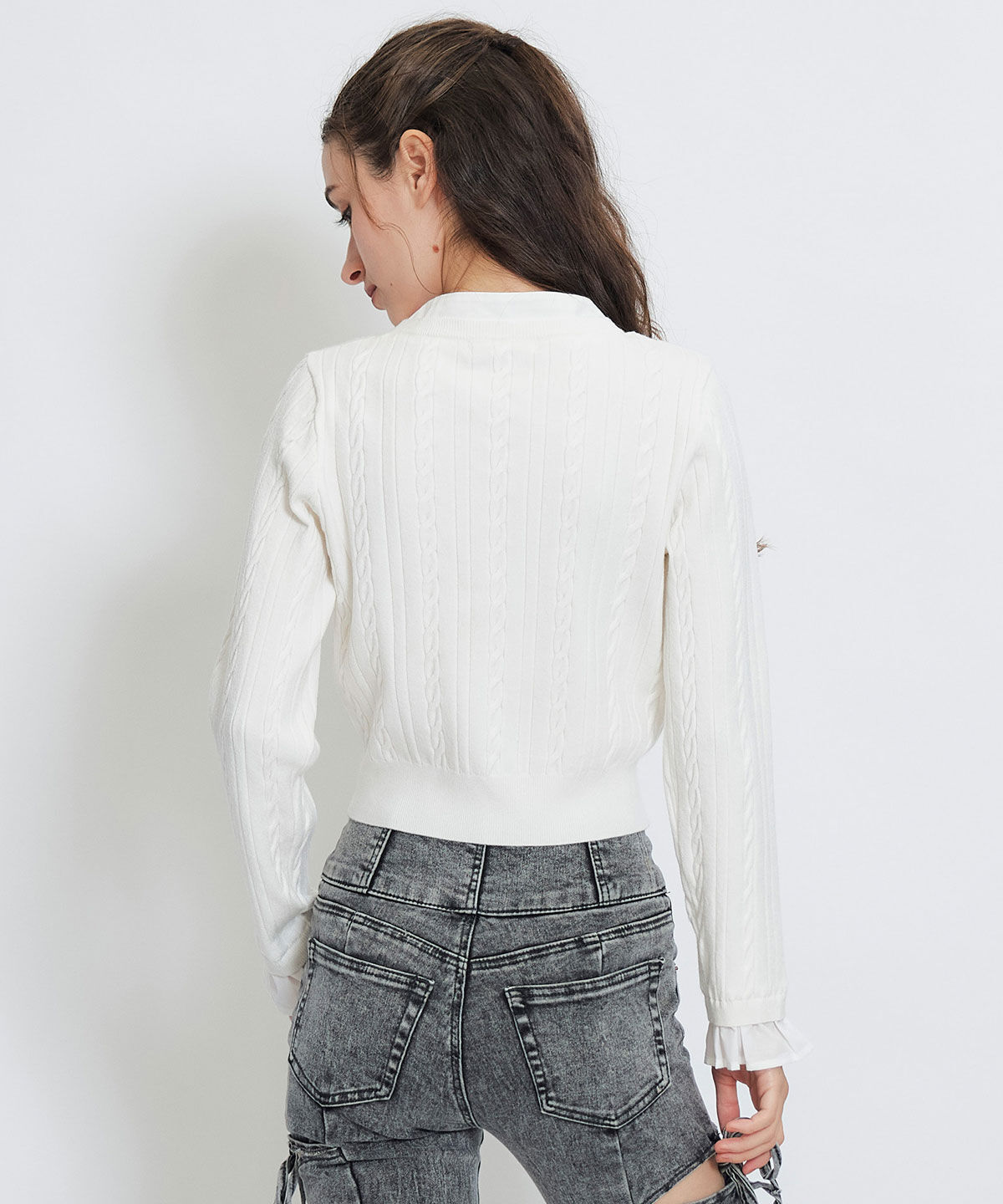 REDYAZEL「エンブレムボタンケーブルリボンタイニットトップス」|ニット・セーター|